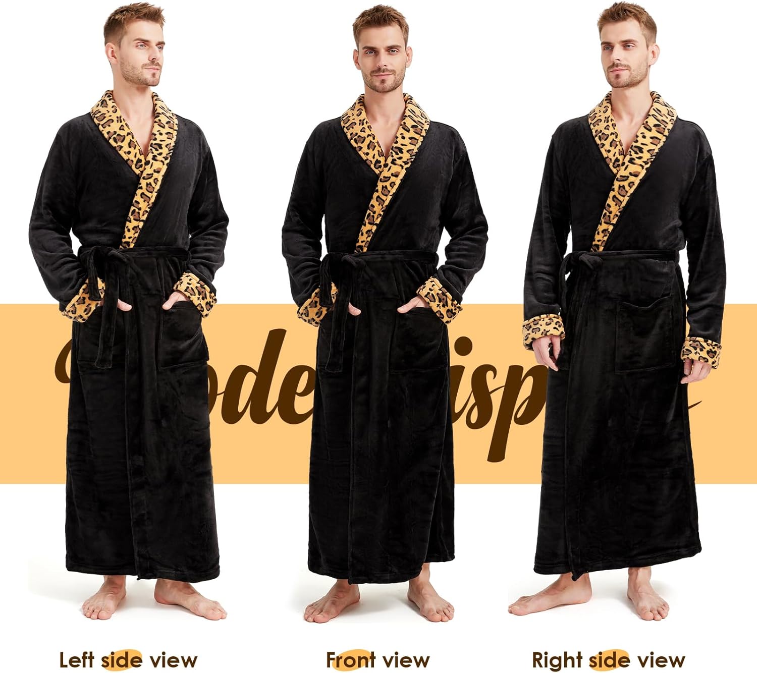 Men's Fleece Plush Bathrobe Full Length Big and Tall Shawl Collar Plaid Men Robe