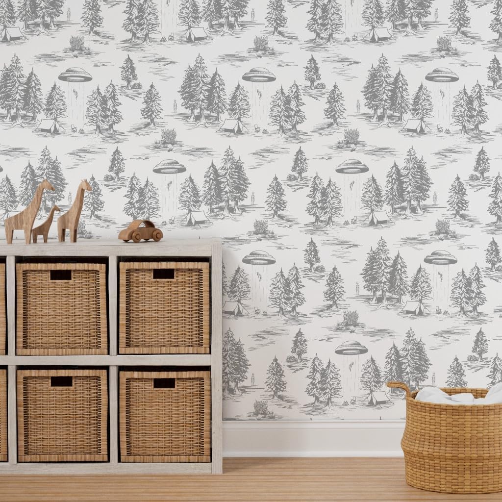 Peel & Stick Wallpaper 3ft x 2ft - UFO Space Aliens Whimsical Toile Traditional Gray & White Large-Scale Custom Removable Wallpaper by Spoonflower