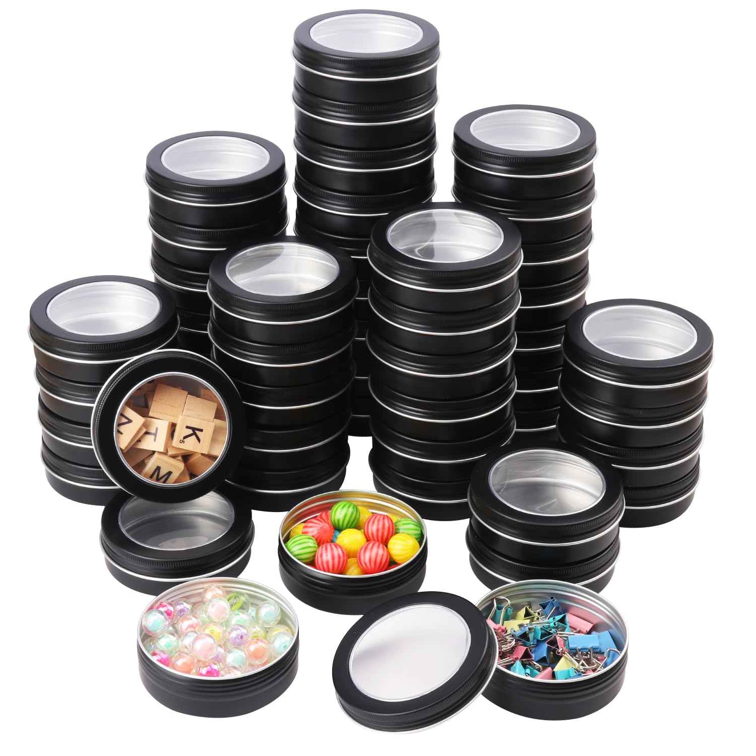 Biugaaufai 48 Pieces 4 oz Tin Cans with Clear Window, Round Metal Tins Screw Top,4 oz Metal Round Cans with Clear Lid for Kitchen Office Candles