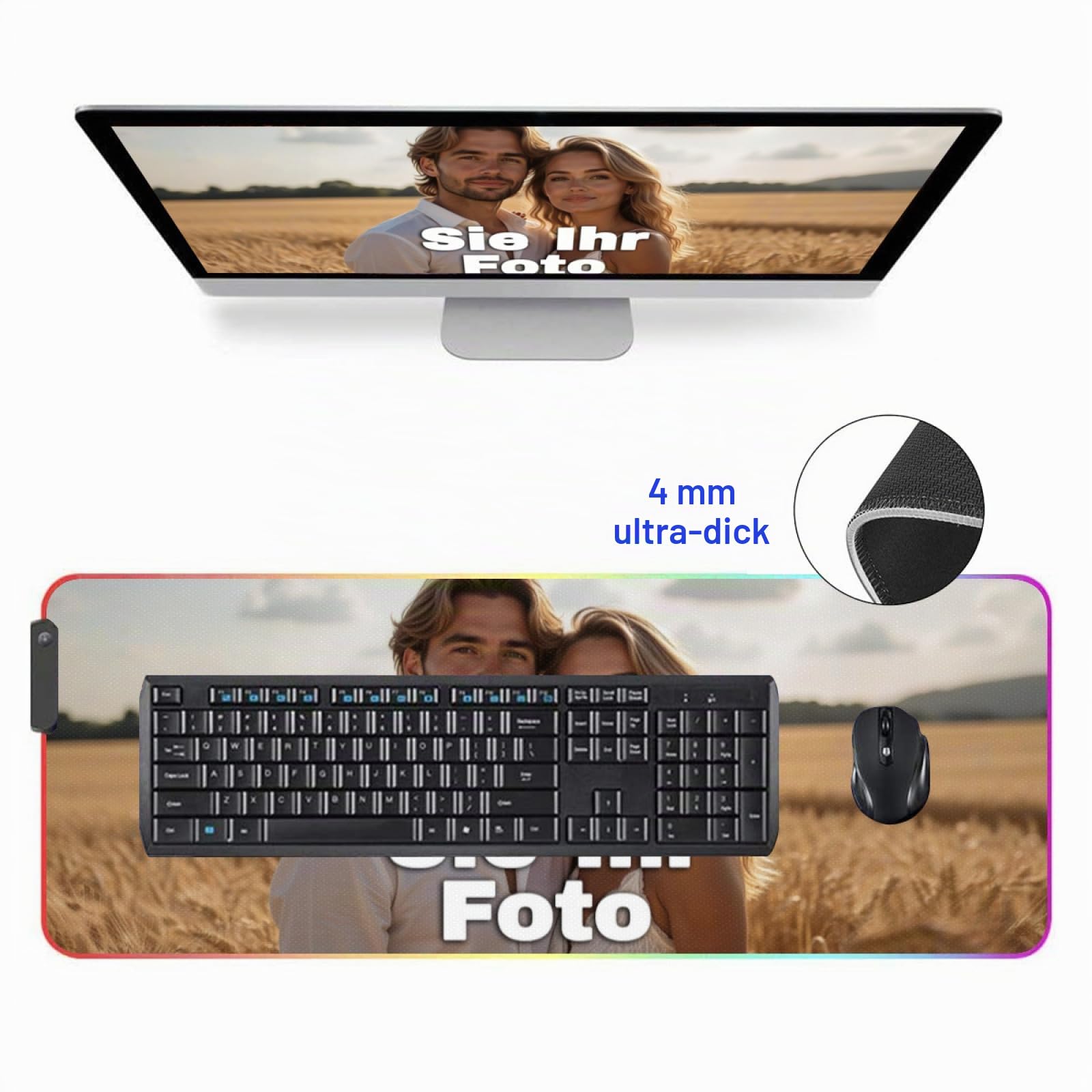 Gaming Mauspad mit Foto/Text/Logo, RGB Mousepad XXL, Personalisiertes Mauspads selbst gestalten, rutschfeste Gummi-Unterseite, Geschenkidee Männer, Frauen, Freunde, Gamer, 30 * 80cm-LED