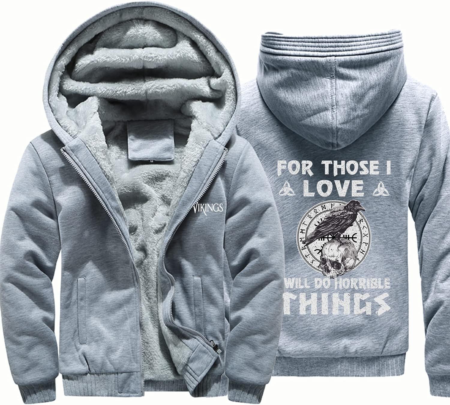 Viking Thick Fleece Full Zip Up Hoodie,Unisex Norse Raven Skull Printed Warm Sweatshirt,Heavyweight Winter Jacket,Gray,3XL
