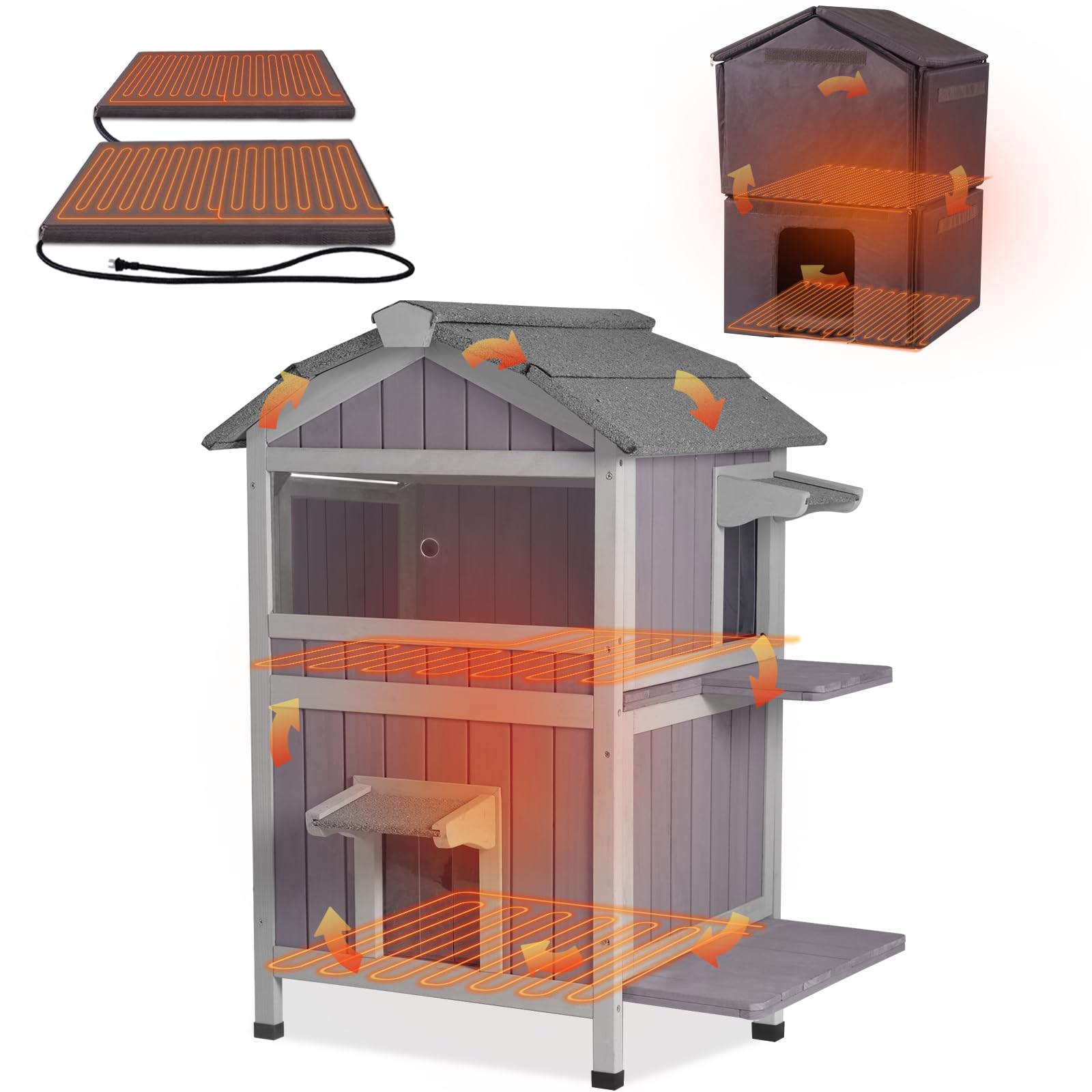 GUTINNEEN 2 Story Large Heated Cat House Outdoor Insulated Cat House Weatherproof Feral Cat Shelter with Safe Heating Pad, All-Round Thermal Liner for 1-5 Stray Barn Cats, 28.7" L x 24.2" D x 36.8" H