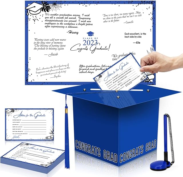 2023 Graduation Party Decorations, Graduation Card Box Card Holder with 50 Graduation Advice Cards And Guest Book Signature Board, Class of 2023 Centerpiece Ceremony Graduations Party Supplies (Blue)