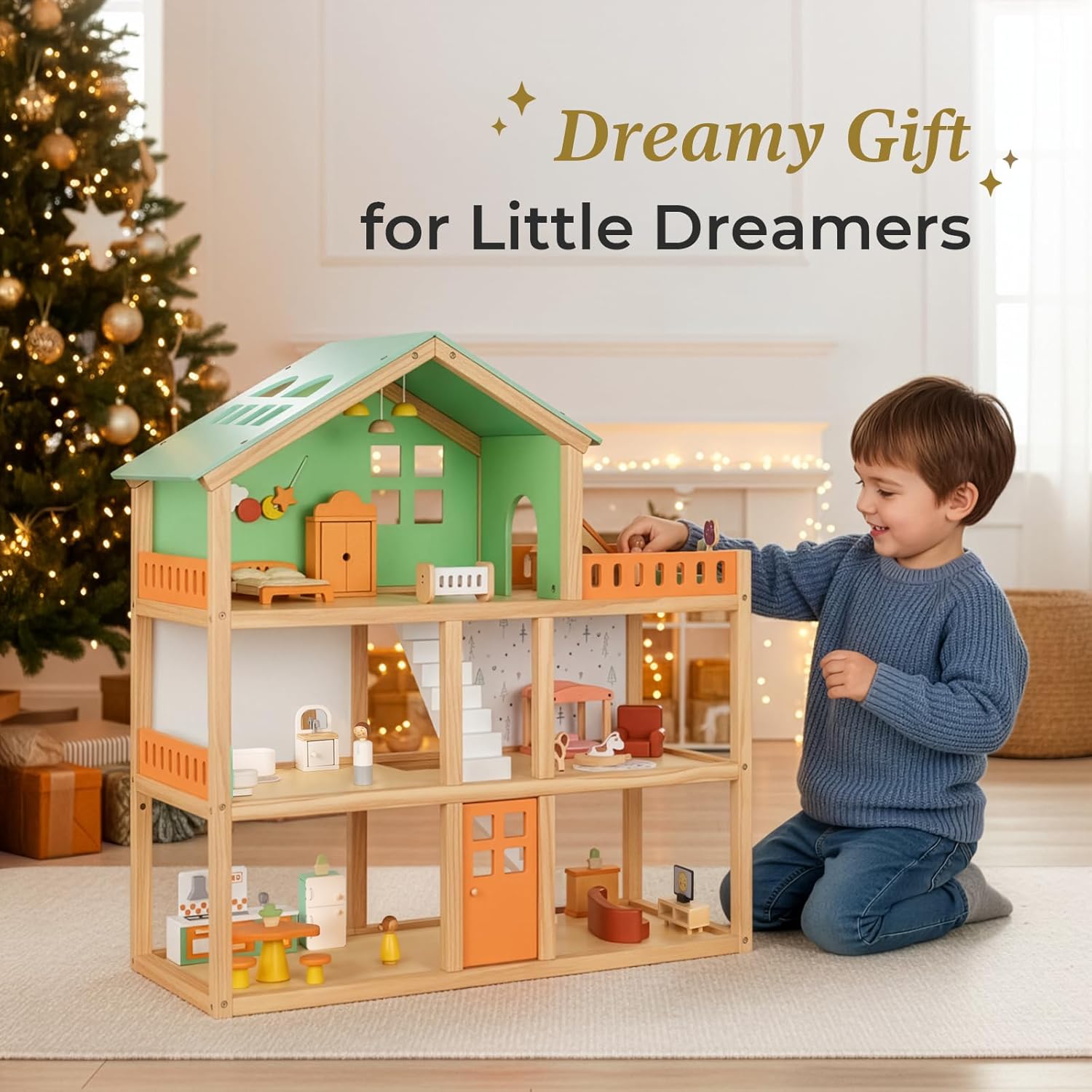 OOOK Large Wooden Dollhouse with 42 Pcs Luxurious Furniture Accessories, 3-Story Doll House 6 Rooms Balcony Wooden Stairs, Ideal Modern Doll House for 3 Year Old