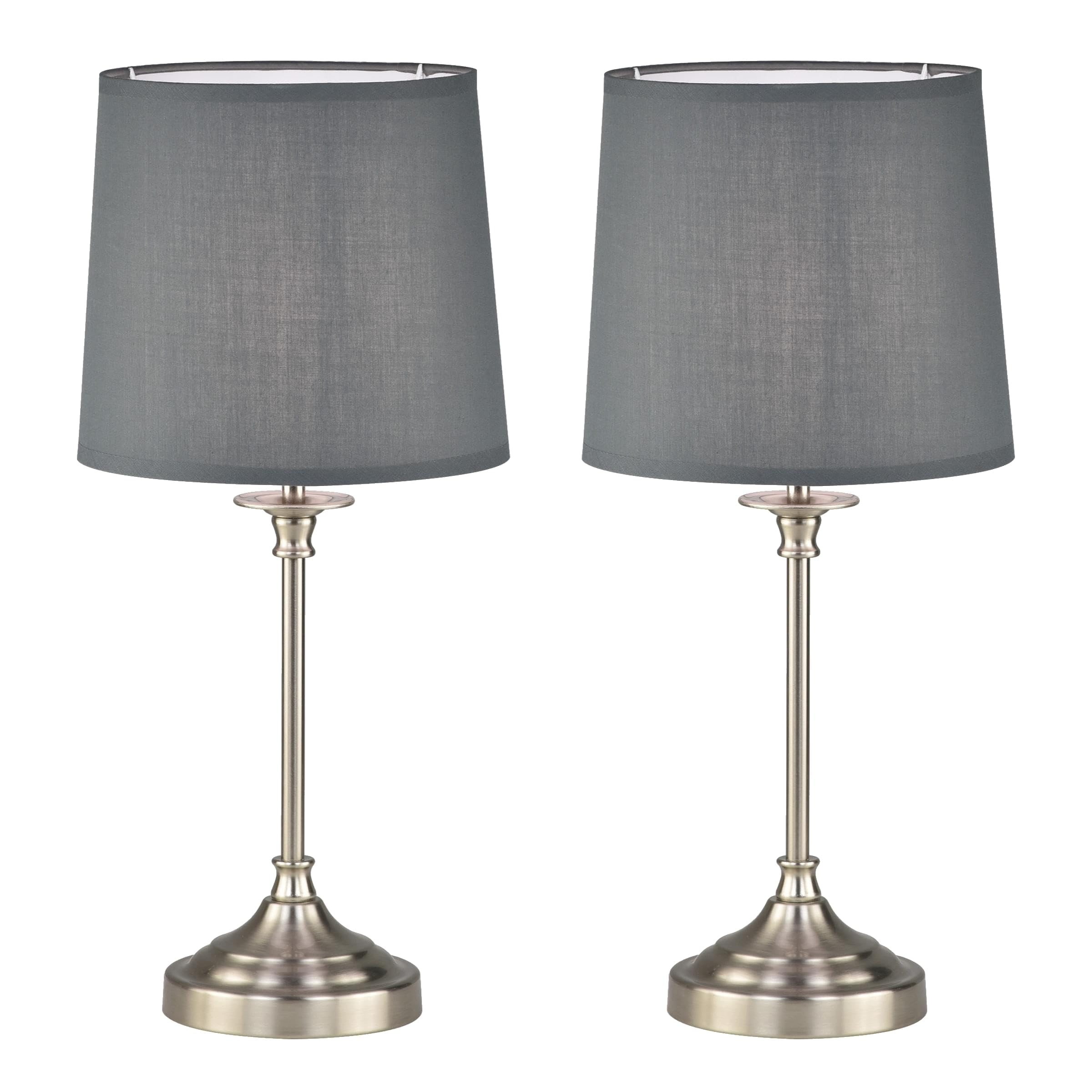 firstchoicelighting Set of 2 Brushed Nickel Table Lamps or Bedside Lights, Classic Design,Grey Fabric Shade, 47cm Height, LED Compatible