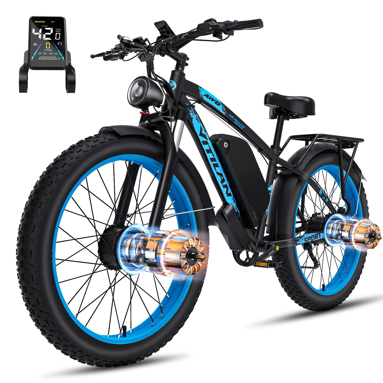 H5 Vélo Électrique pour Adultes, Vélo Électrique à Double Moteur, Batterie 52V 25Ah, Ebike à Pneus Gras 24" x 4", 7 Vitesses, AWD pour Tout-Terrain, Route, Pendulaires