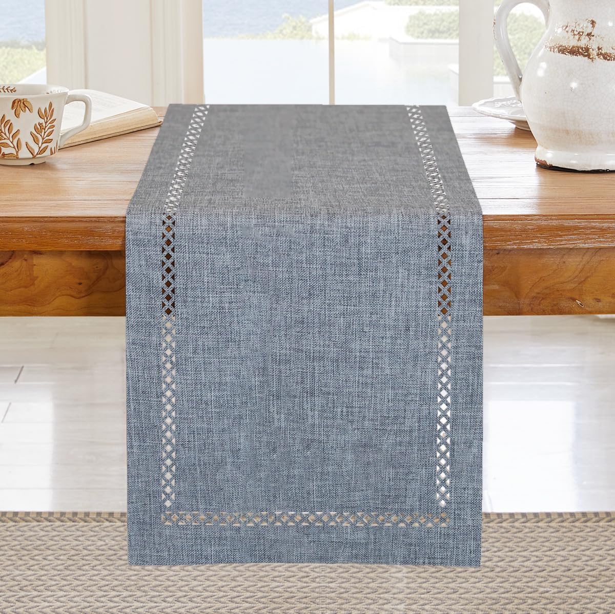 BAZIOE Modern Table Runner Grey Linen Table Runner Washable Openwork Design Ideal for Holiday Party Decoration Dining Table