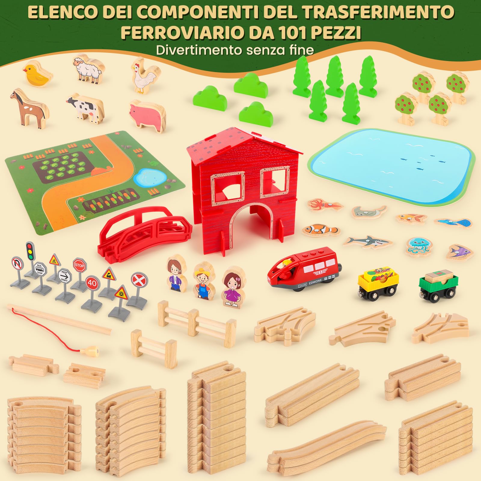 LumenVela Set di Trenino Legno Bambini, 100 Pezzi pista Macchinine Legno Tema Della Fattoria Pista con Trenino, Laghetto, Fattoria e Piccoli Animali per Bambini dai 4 5 6 7 8 Anni