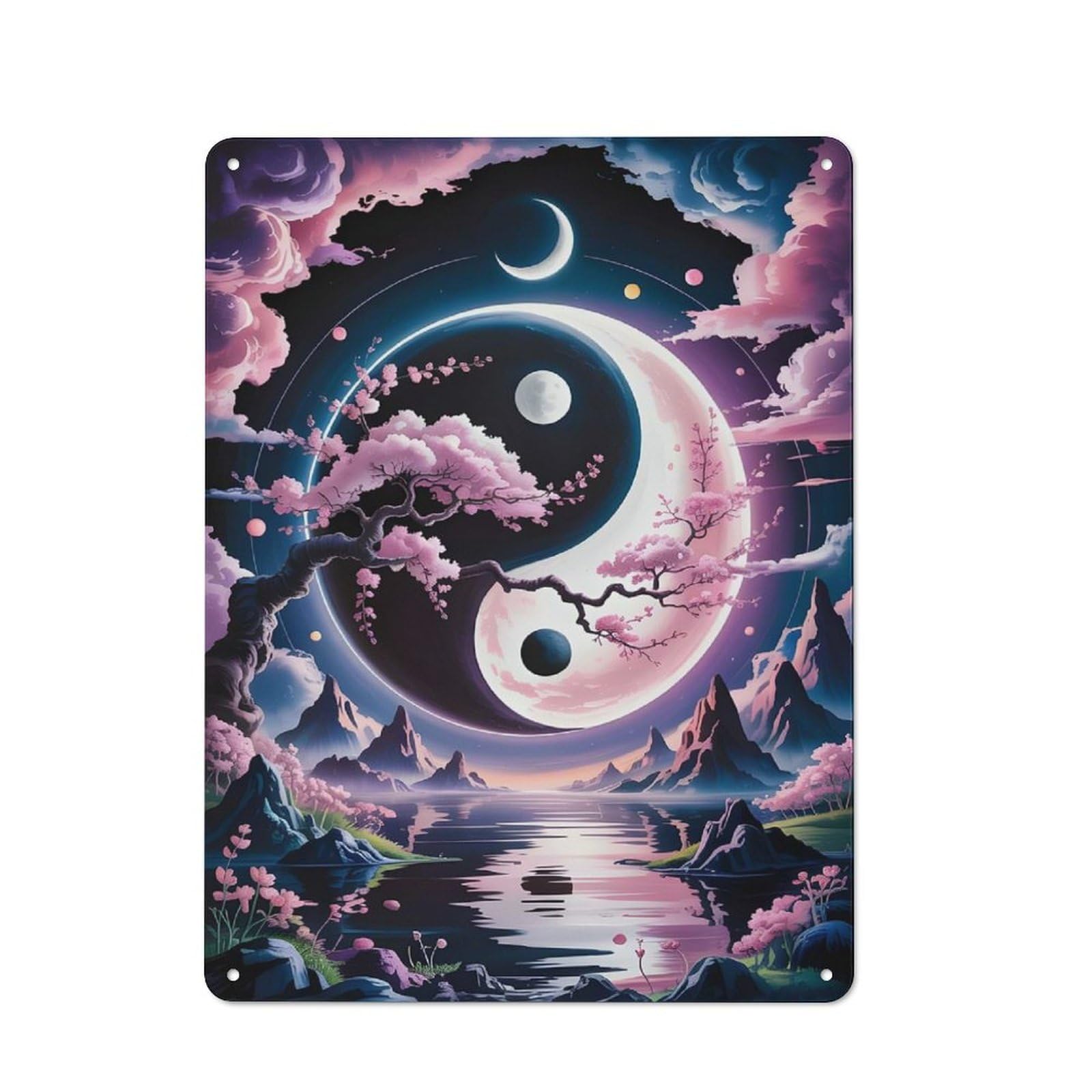 Metal Wall Sign 40x30cm Featuring Yin Yang Landscape with Cherry Blossoms for Café Or Home Bar, for Metal Sign Collectors, for Garage And Workshop Walls