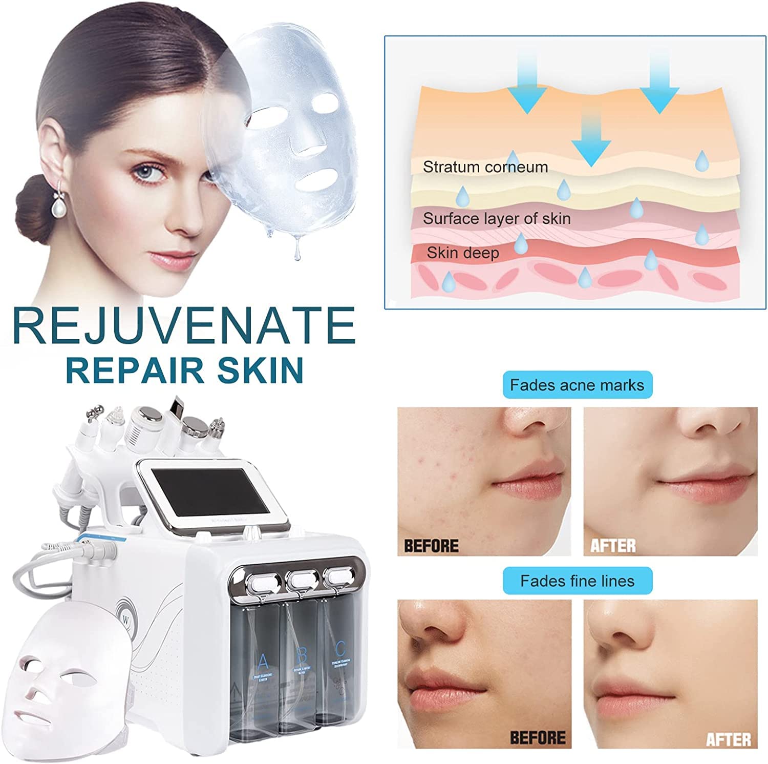 7 in 1 Wasserstoff Sauerstoff Schönheitsmaschine Multifunktional Diamant Mikrodermabrasion Verjüngung Gerät mit LED-Gesichtsmaske Gesicht Hydrafacial Bubble Deep Gesichtsreinigung SPA