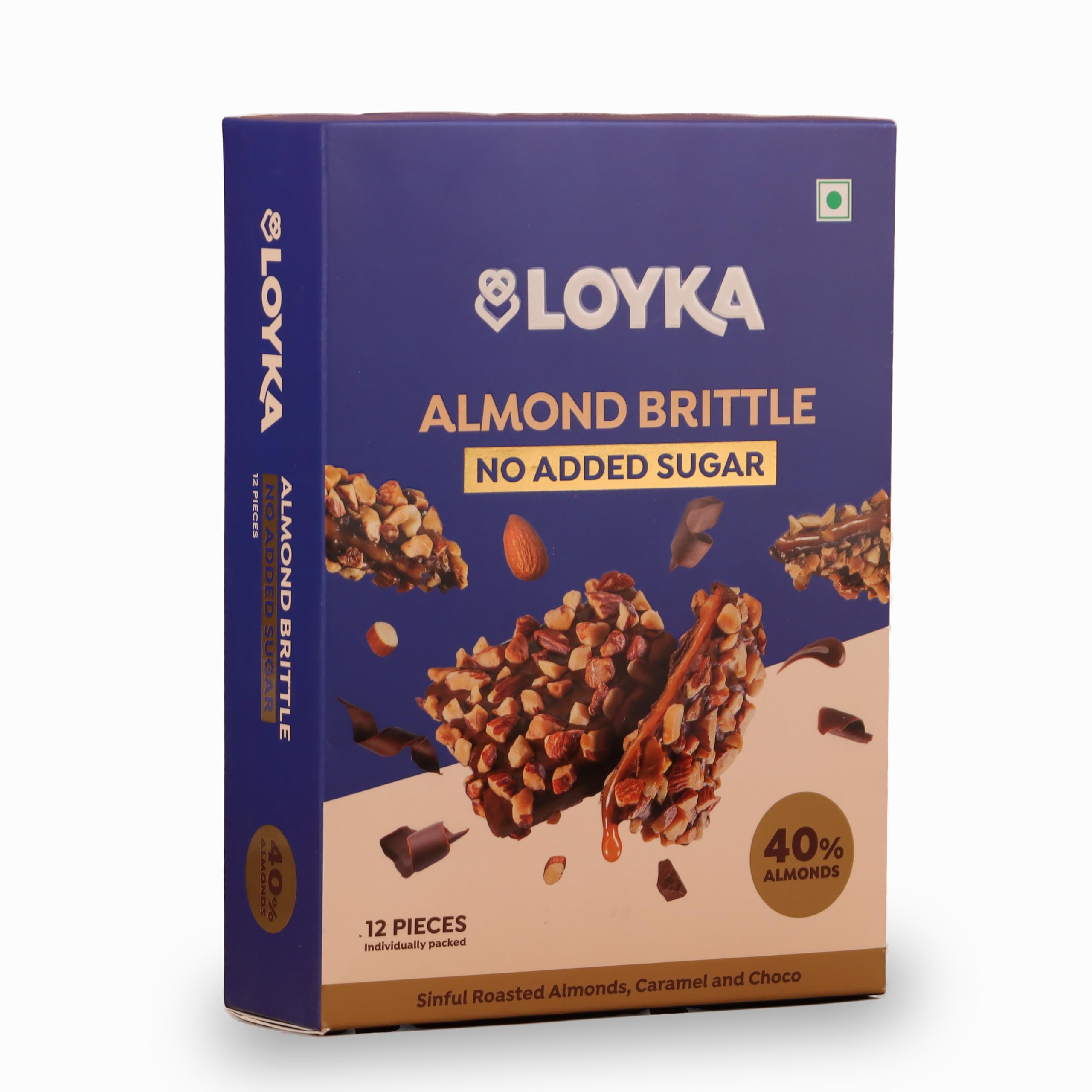 LOYKA Almond Brittle No Added Sugar Choco Box - 12 Pcs,Diet Friendly,No Refined Sugar Added,Healthy Guilt-Free Morning/Evening Snack,Better-For-You Snack,Roasted California Almonds (40%) - 204 gm