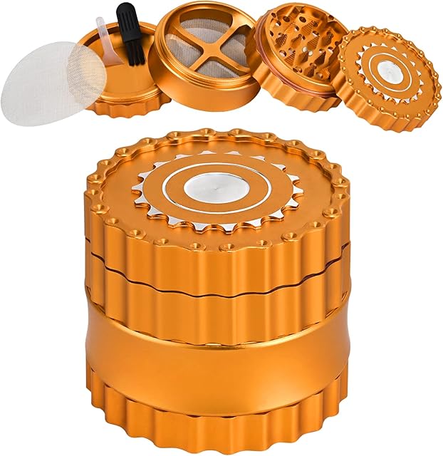 Premium Herb Grinder, Metal Grinder 2.5 Inches 4 Piece Pollen Catcher Durable Aluminum Alloy Spice Grinder Pyramidal Sharp Tooth Chain Shape for Kitchen (Orange)