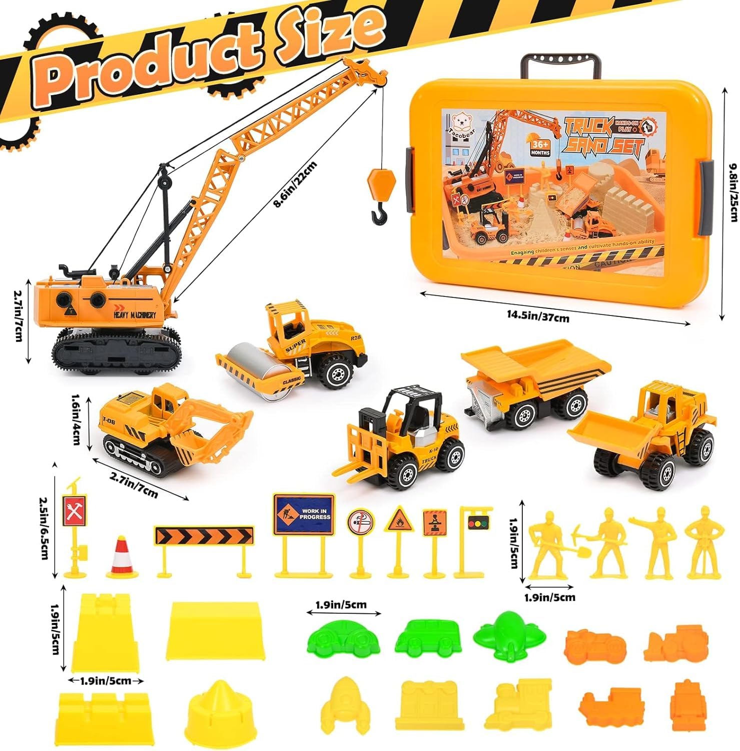 Sable Magique, Chantier de Construction Bac à Sable Magique avec 1000g Super Sand, Grue Jouet, 5 Mini Véhicules & 14 Moules de Sable, Jouets Sensoriels Jouets de Sable Cadeau pour Enfant Garçon Fille