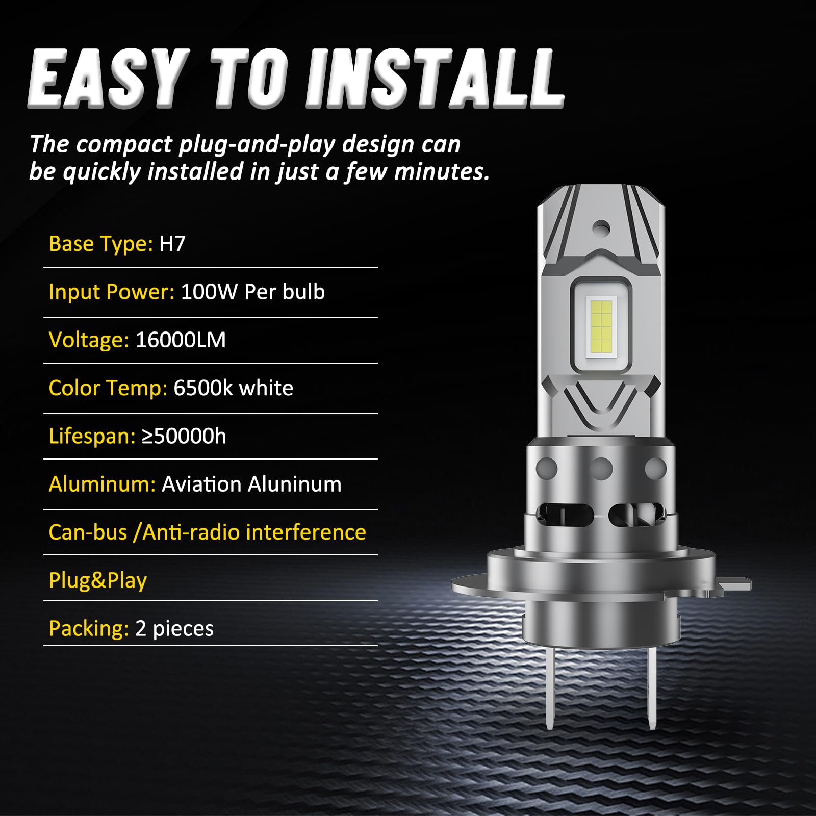 D-Lumina H7 LED Żarówka Canbus 100W 16000LM 6500K, 400% Jasności, Zamiennik Halogenowy 1:1, 2 sztuki