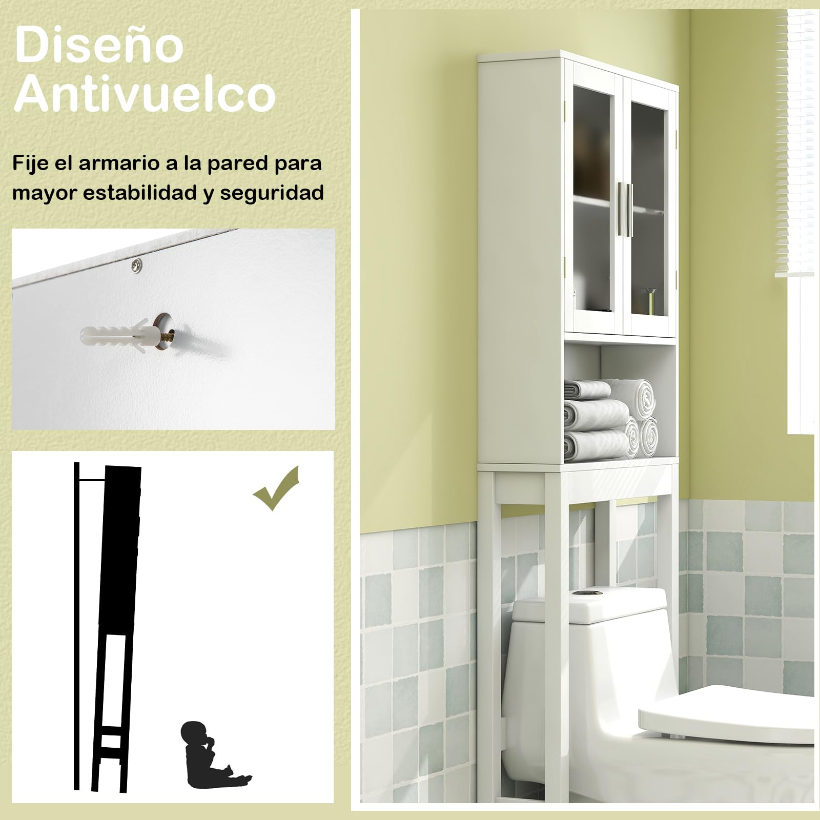 GOPLUS Armario de Almacenamiento sobre el Inodoro, Organizador de Baño con Puerta de Vidrio Templado Doble, Estante Ajustable, Estante Abierto, 170 cm