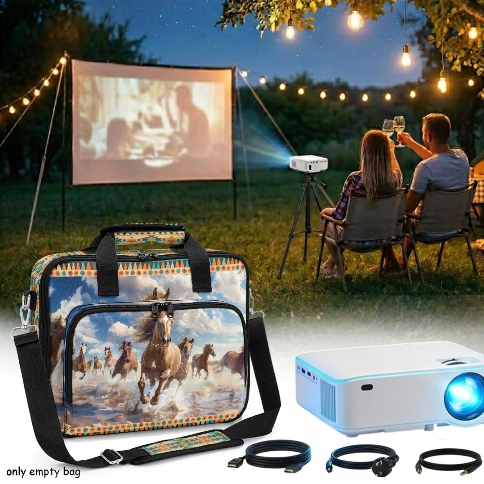 Aztec Horse - Funda de transporte portátil para proyector, bolsa de almacenamiento de viaje con correa de hombro desmontable para proyector, cables y dispositivos multimedia, esencial de