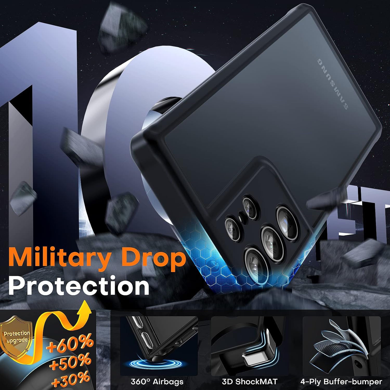 TOCOL 3 in 1 Samsung Galaxy S23 Ultra Case 6.8" - Full Camera Cover, Military Drop Protection, Shockproof Matte Black