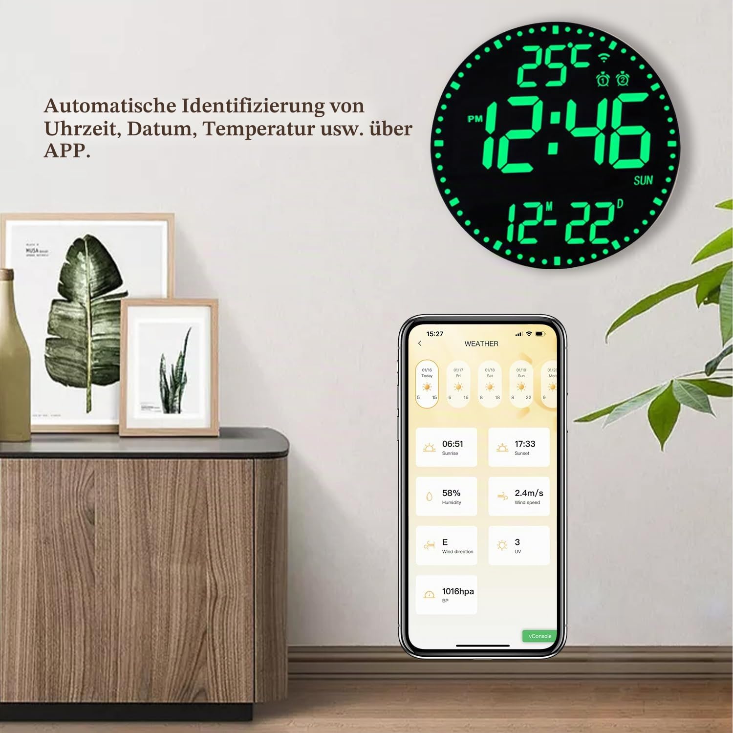 HZDHCLH Digitale Wanduhr 30 cm LED Wecker Bunt Datum Woche Temperatur Timer | Steuerung Per Mobiler App über WLAN-Verbindung Für Zuhause Schule Büro