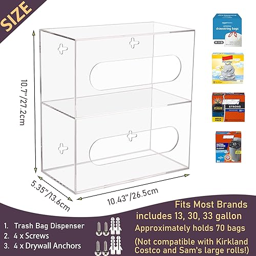 Miniatura 3 de Dispensador de bolsas de basura, soporte de rollo de montaje en pared y debajo del fregadero, 2 compartimentos de acrílico transparente, organizador