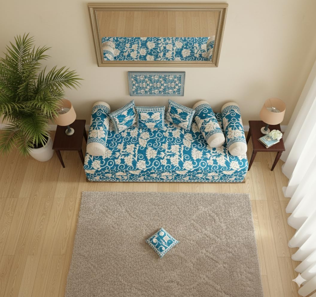 FRESH FROM LOOM Velvet Chenille Floral 500 TC Reversible Diwan Set Aqua (8pc Set) (Maroon) 1
