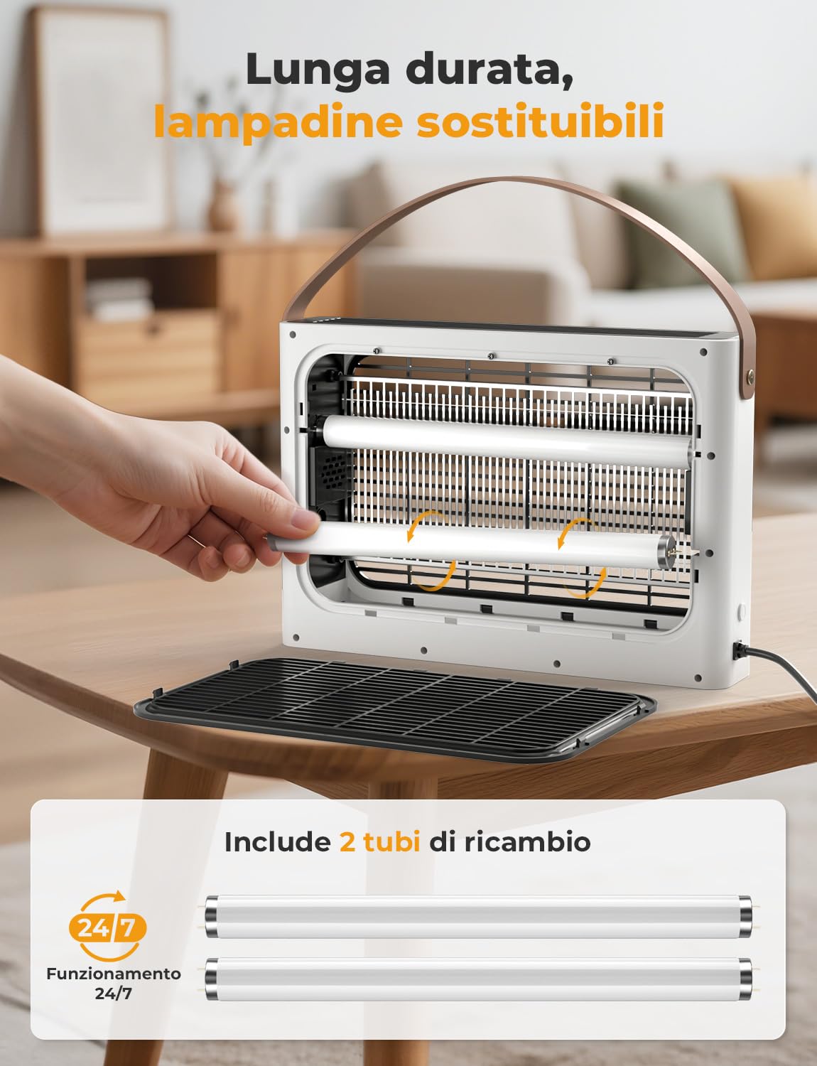 YISSVIC Lampada Antizanzare 4300V Zanzariera Elettrica 20W UV, con 2 Lampadine di Ricambio, Cassetto Estraibile, Manico in Pelle PU, Sicuro per Uomini e Animali, Uso Interno, Cavo 1.8m