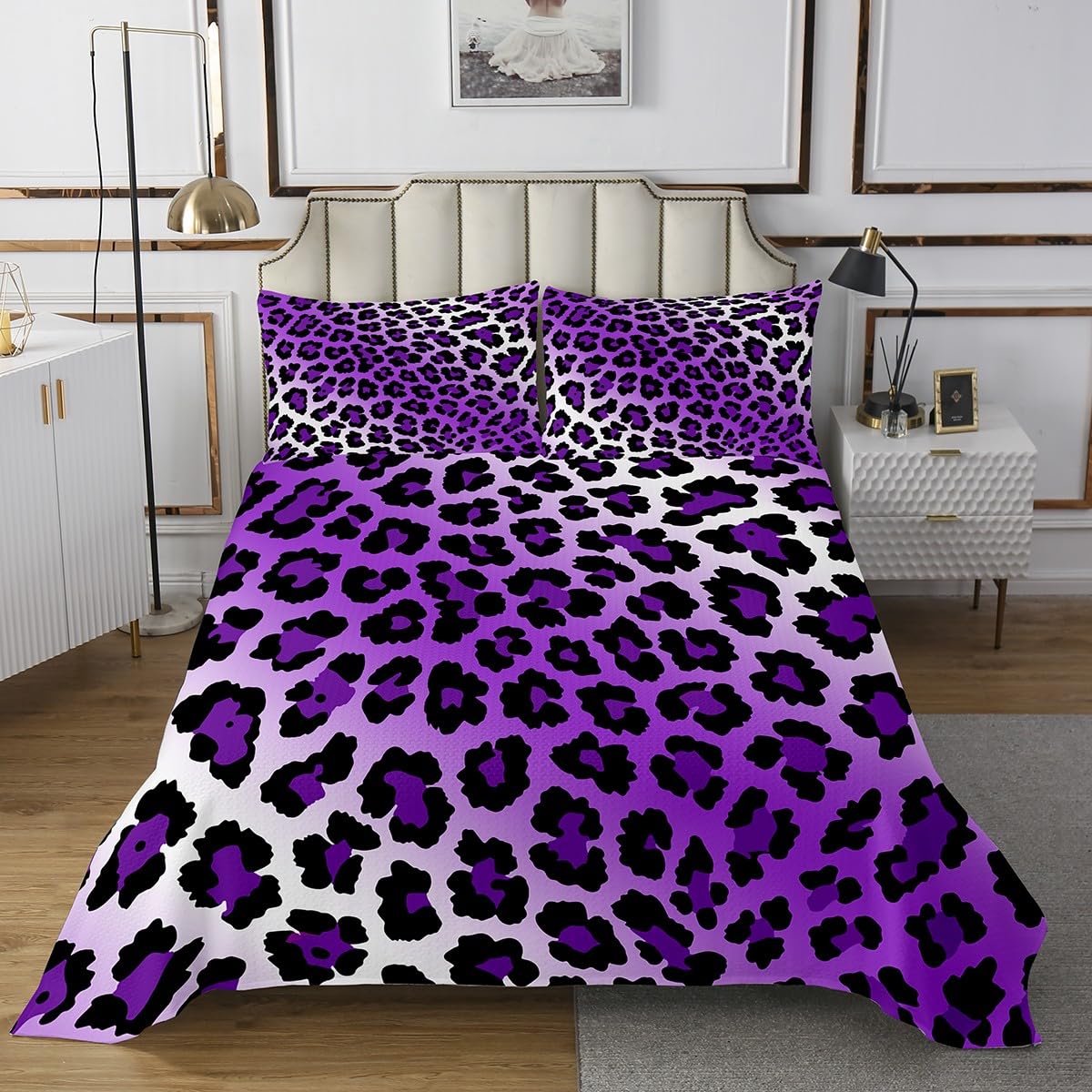 Feelyou Kids Purple Leopard Print Quilted Coverlet King Size, Cheetah Bedspread Boys Girls Animal Coverlet Set Teens Bedroom Decor with 2 Pillow Case