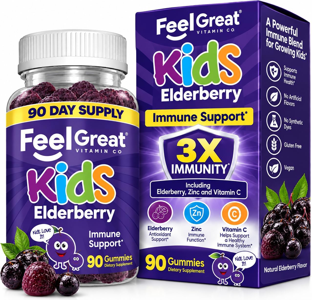Feel Great Vitamin Co. Elderberry Gummies for Kids | Immune Support | Natural Antioxidant Immune Booster | with Vitamin C and Zinc | Gluten Free & Vegetarian | 90 Gummies