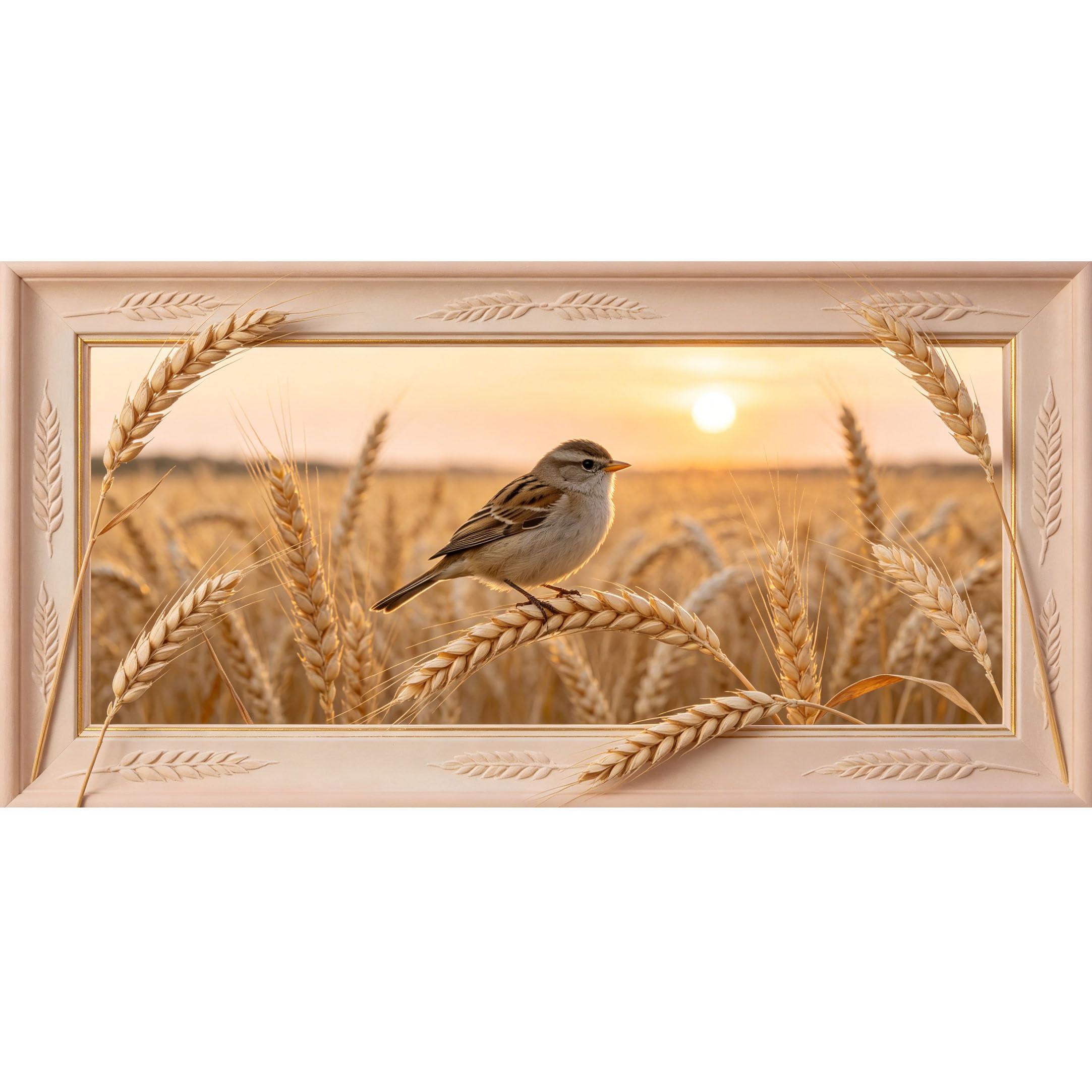 Agglomerix 3D Framed Wall Art Farmhouse Wheat Field Sparrow Sunset Rustic Botanical Harvest Landscape Large Size Self-Adhesive Removable Wall Decor Prints Artwork for Living Room Bedroom Office