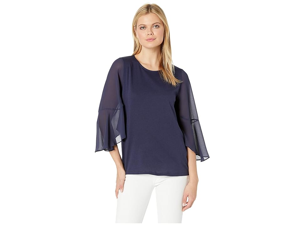 

MICHAEL Michael Kors Flutter Sleeve Woven Mix Top (True Navy) Women's Clothing
