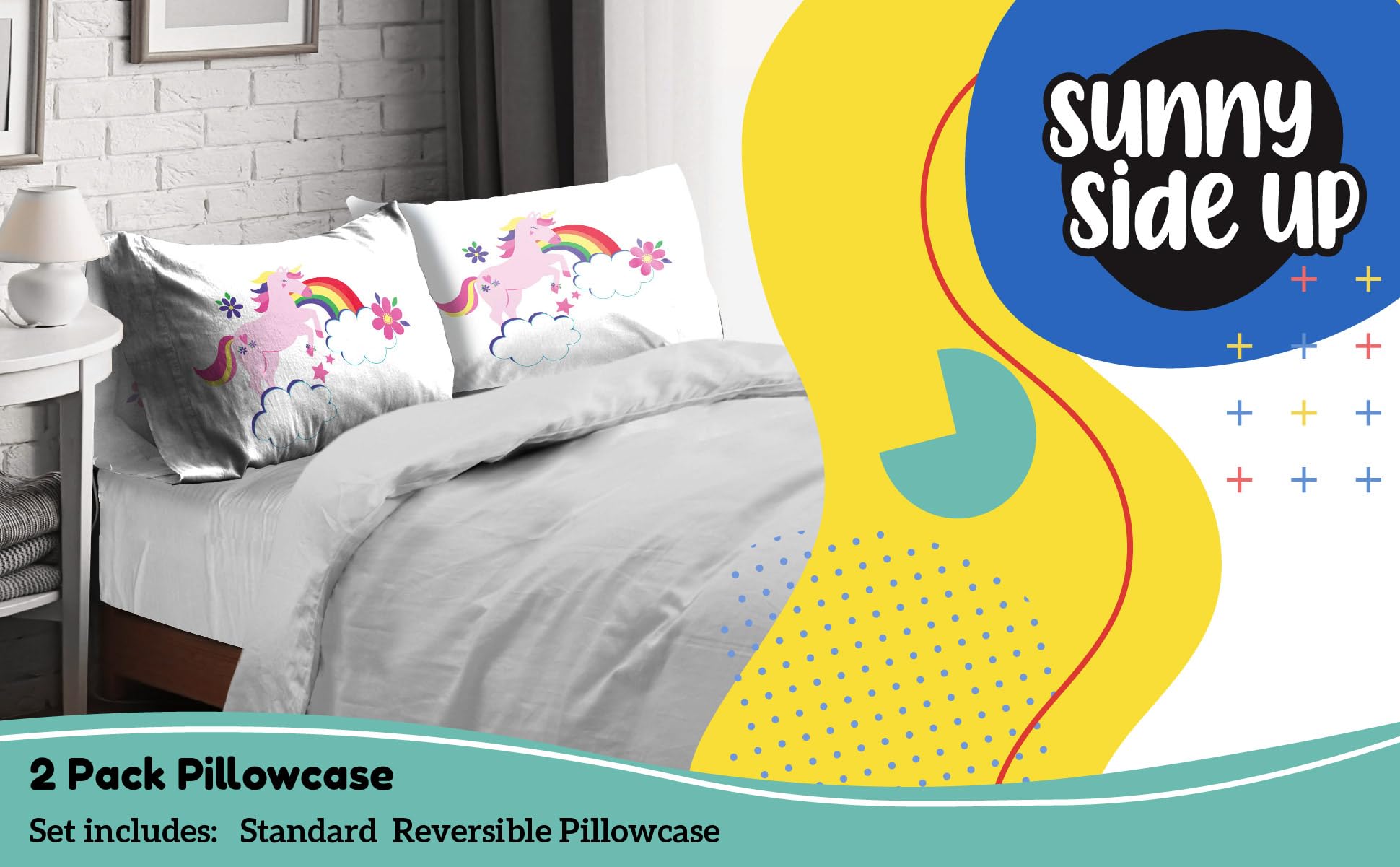 Sunny Side Up Rainbow Unicorns 2 Pack Reversible Pillowcases - Double Sided Pillow Covers, Kids Super Soft Floral Bedding