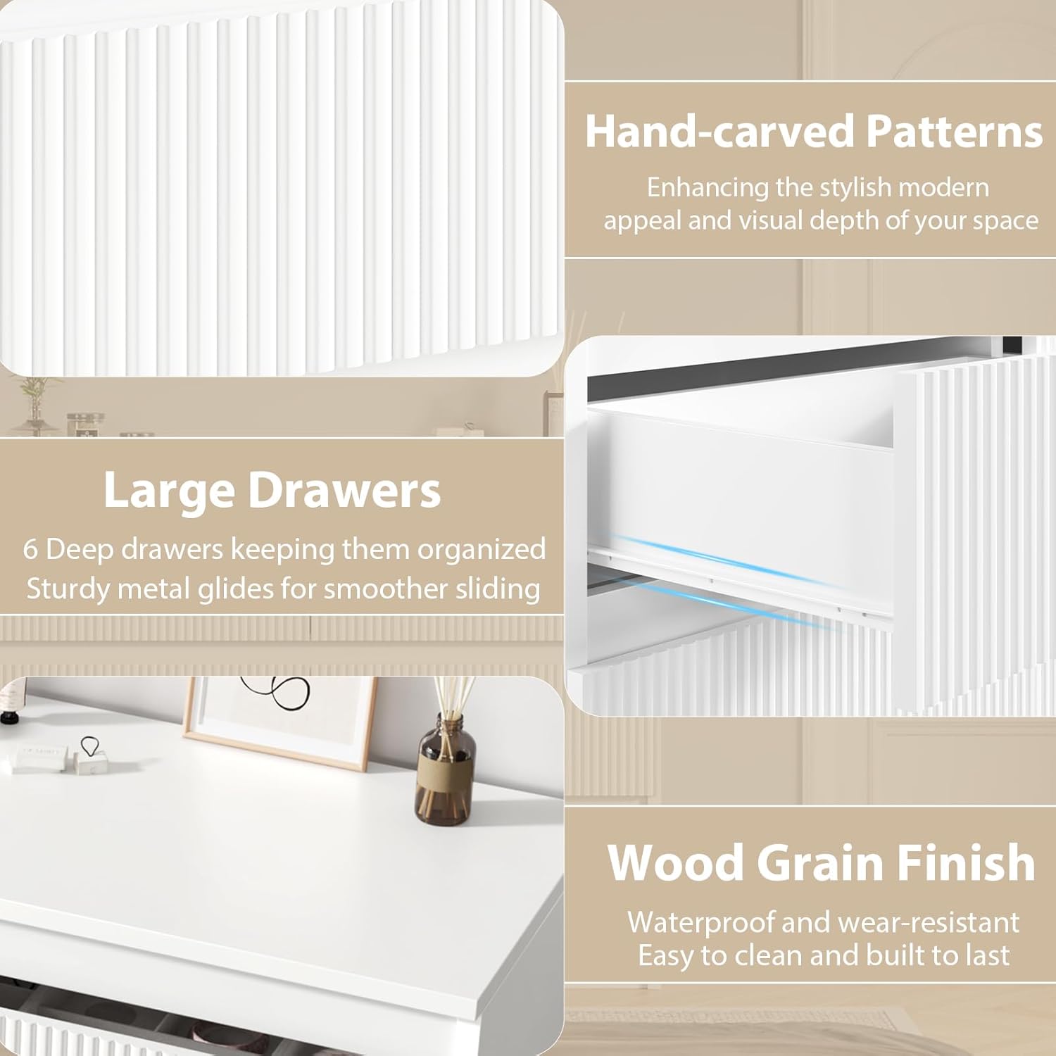 Close-up images highlighting the hand-carved patterns, large drawers with smooth glides, and wood grain finish of the dresser.