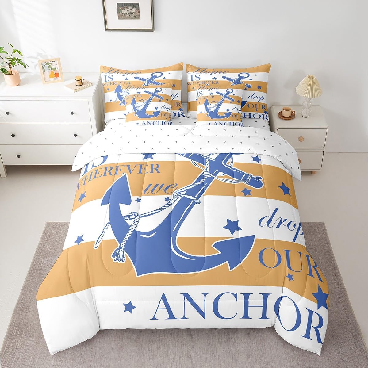 Erosebridal Yellow and White Nautical Bedding Set,Farmhouse Anchor 7 Piece Comforter Set Full Bed in a Bag,Stars Stripes Geometric Sheet Set,Modern Ship Anchor Down Comforter Summer Room Decor