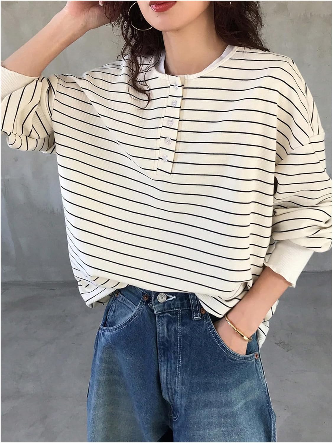 SweatyRocks Women's Striped Oversized T Shirts Quarter Button Henley Shirt Long Sleeve Tee Tops - Image 2