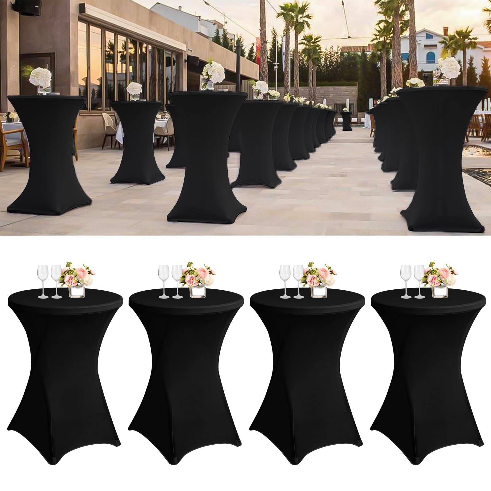 Confezione da 12 tovaglie da cocktail in spandex elasticizzato con angoli quadrati, 81 x 100 cm, in spandex nero, tovaglia da cocktail per matrimoni, banchetti, bar, tavoli da cocktail