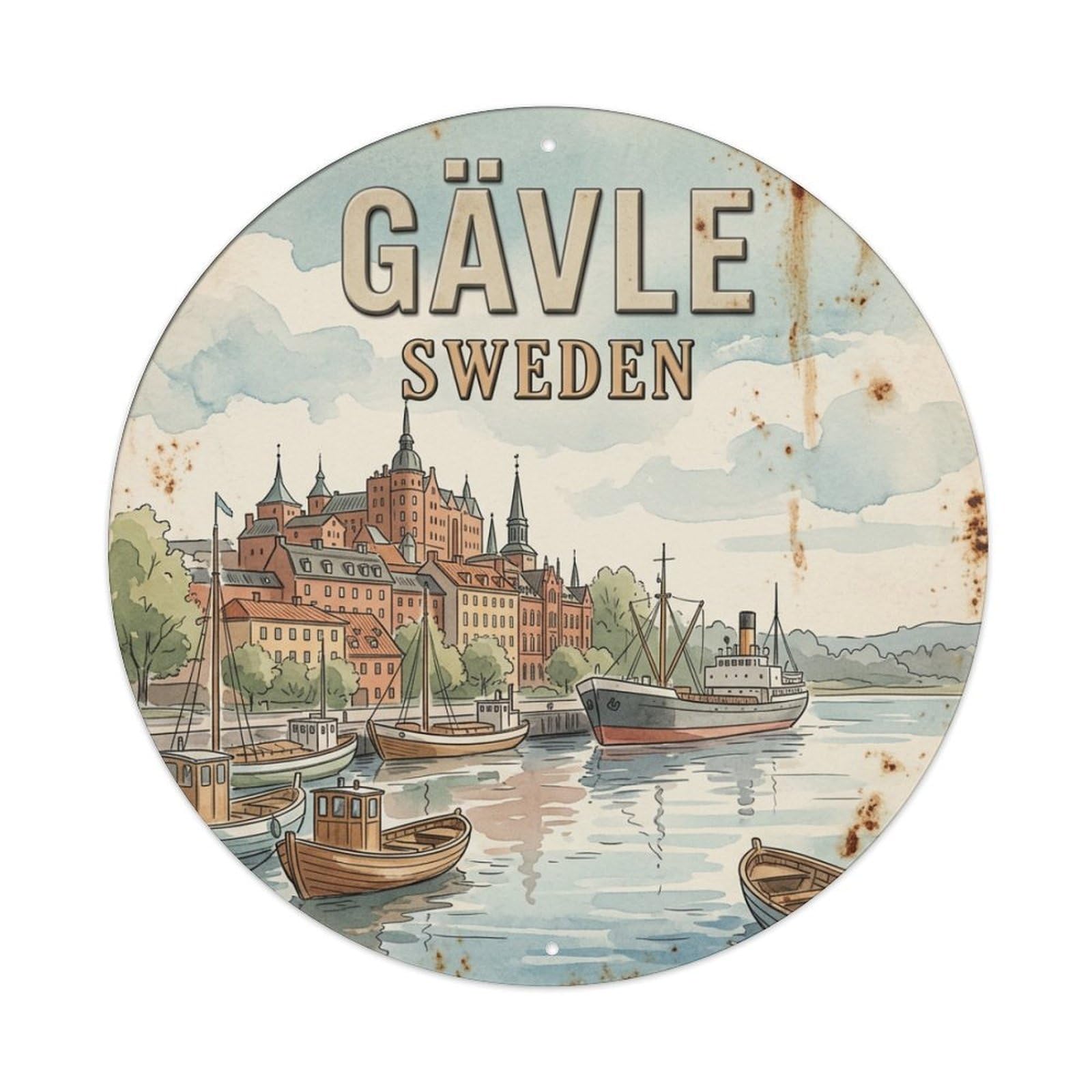 Vintage Travel Gavle Sweden Waterfront Metal Tin Sign