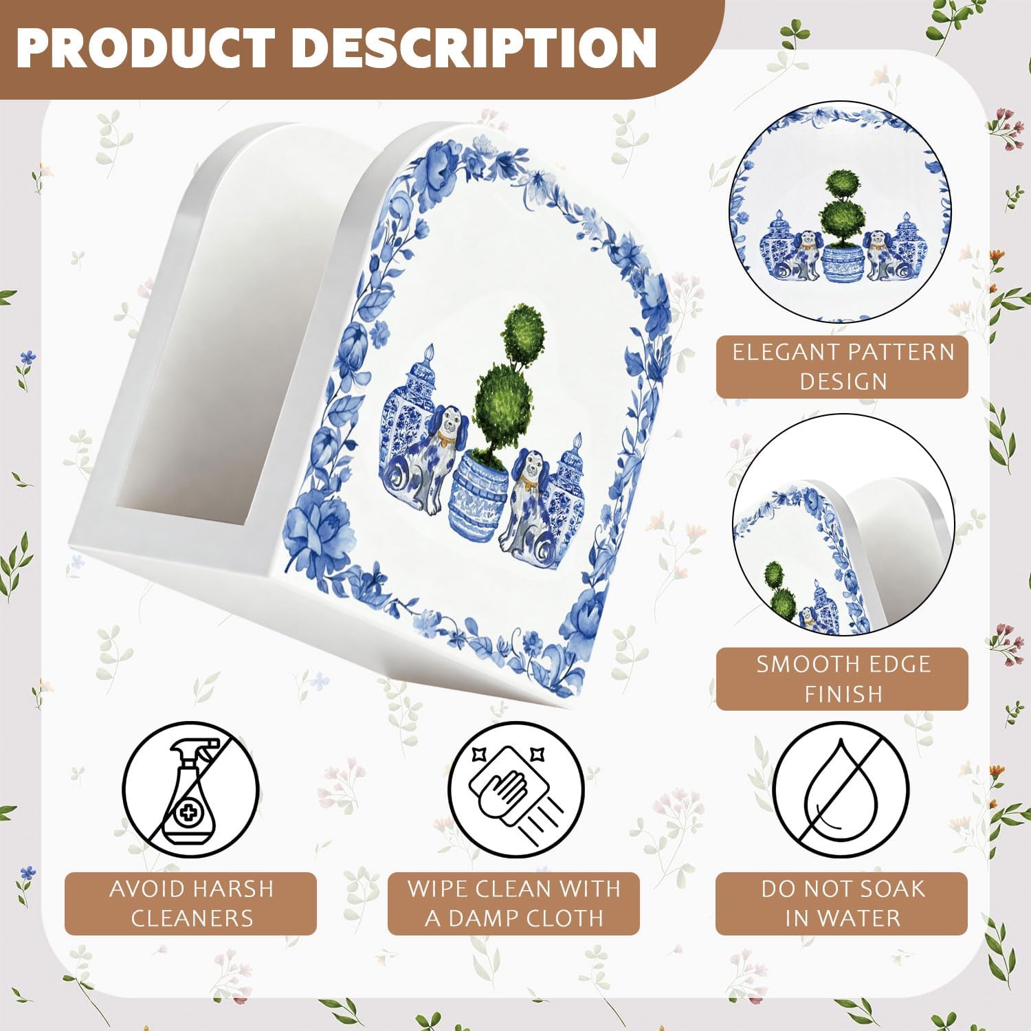 Chinoiserie Topiary Staffordshire Dog Wood Napkin Holder, Blue and White Porcelain Floral Wooden Standing Napkin Dispenser for Table Kitchen Dining Room Party Cafe Bar Decorations