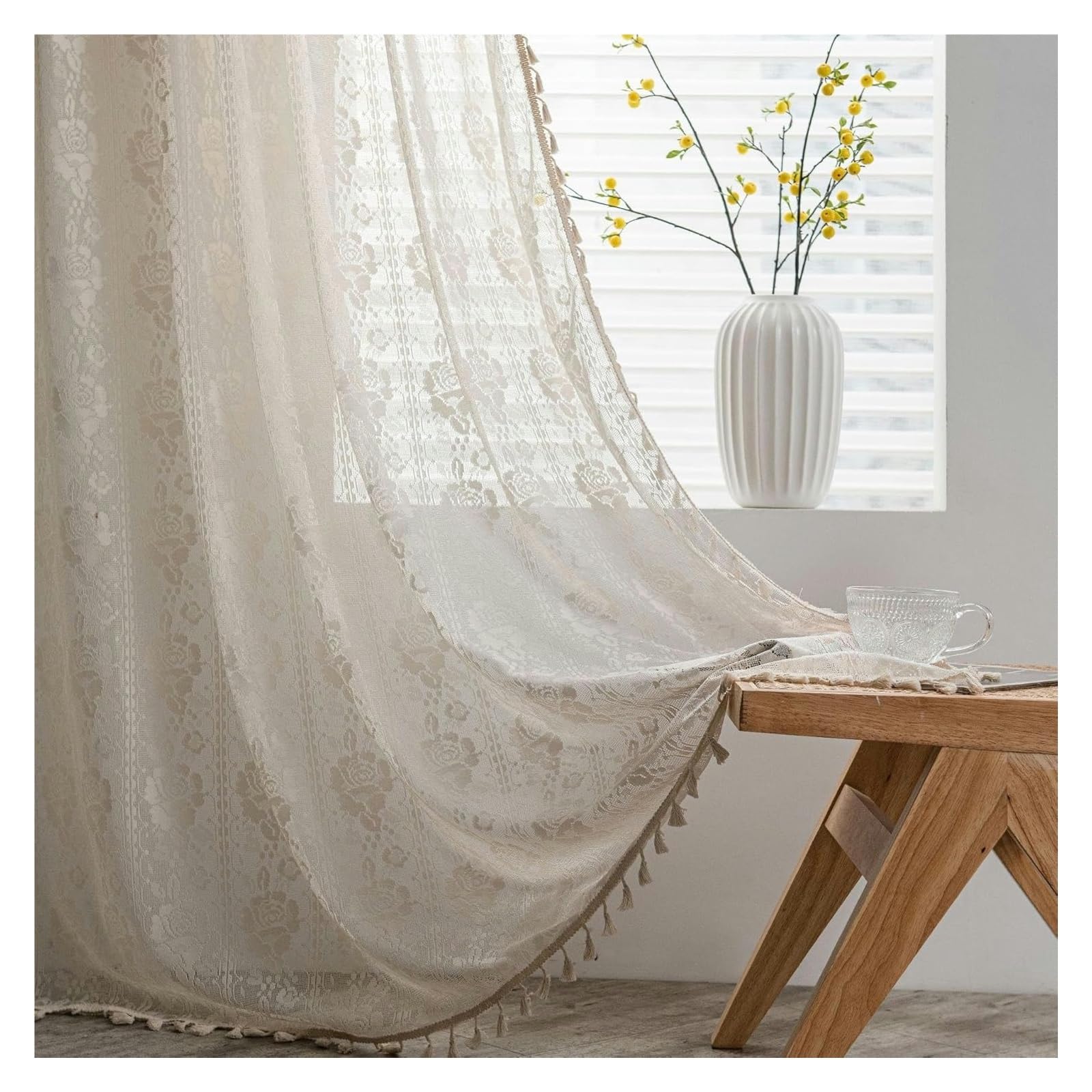 Rideaux occultants en coton lin beige rose crochet 150x240 cm