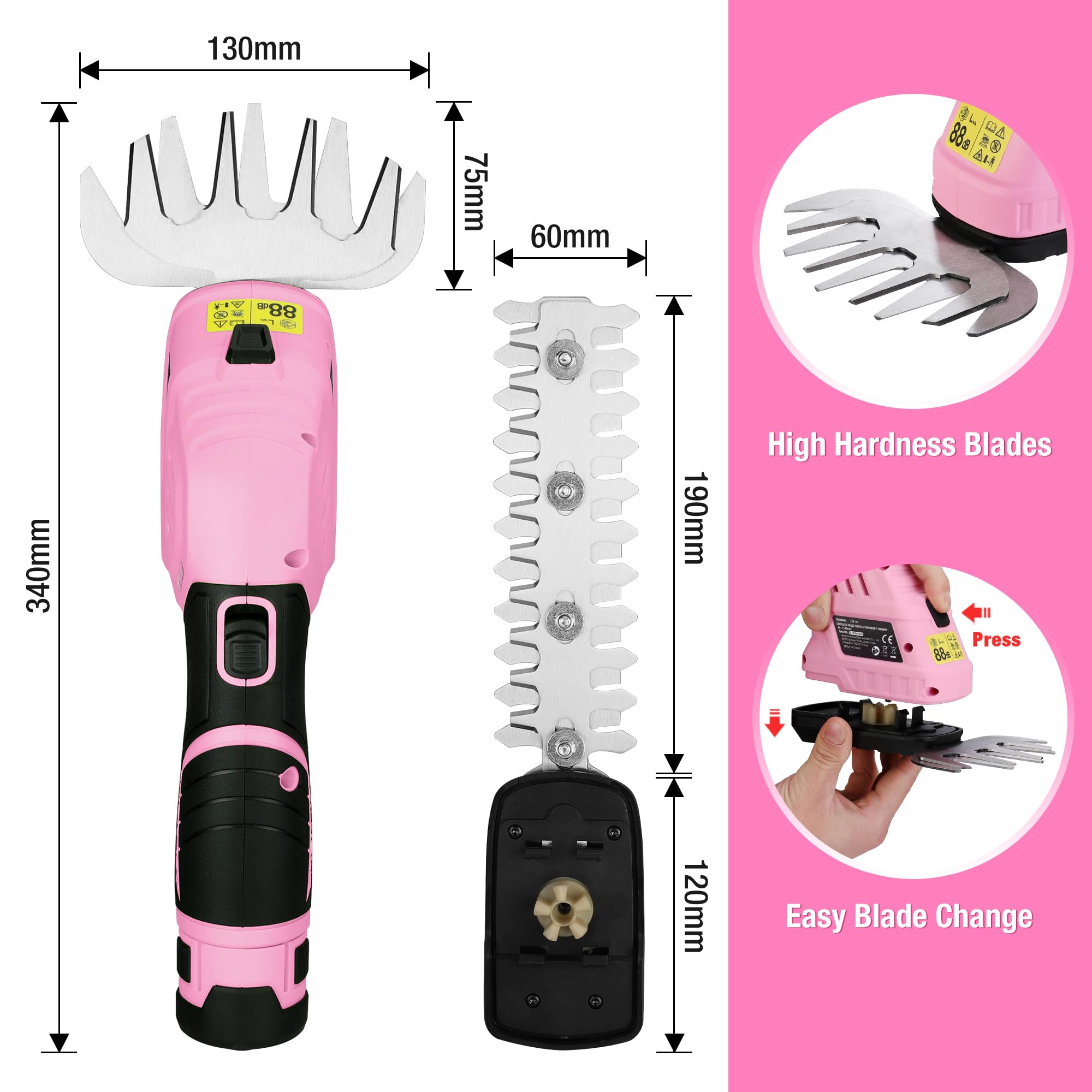 WORKPRO Cisaille Sculpte-Haie Electrique, Taille-Herbes sans Fil 12V | Cisaille à Gazon Batterie 2000mAh avec 2 Lames, Taille Haie Léger pour Coupe, Elagage, Noir & Rose