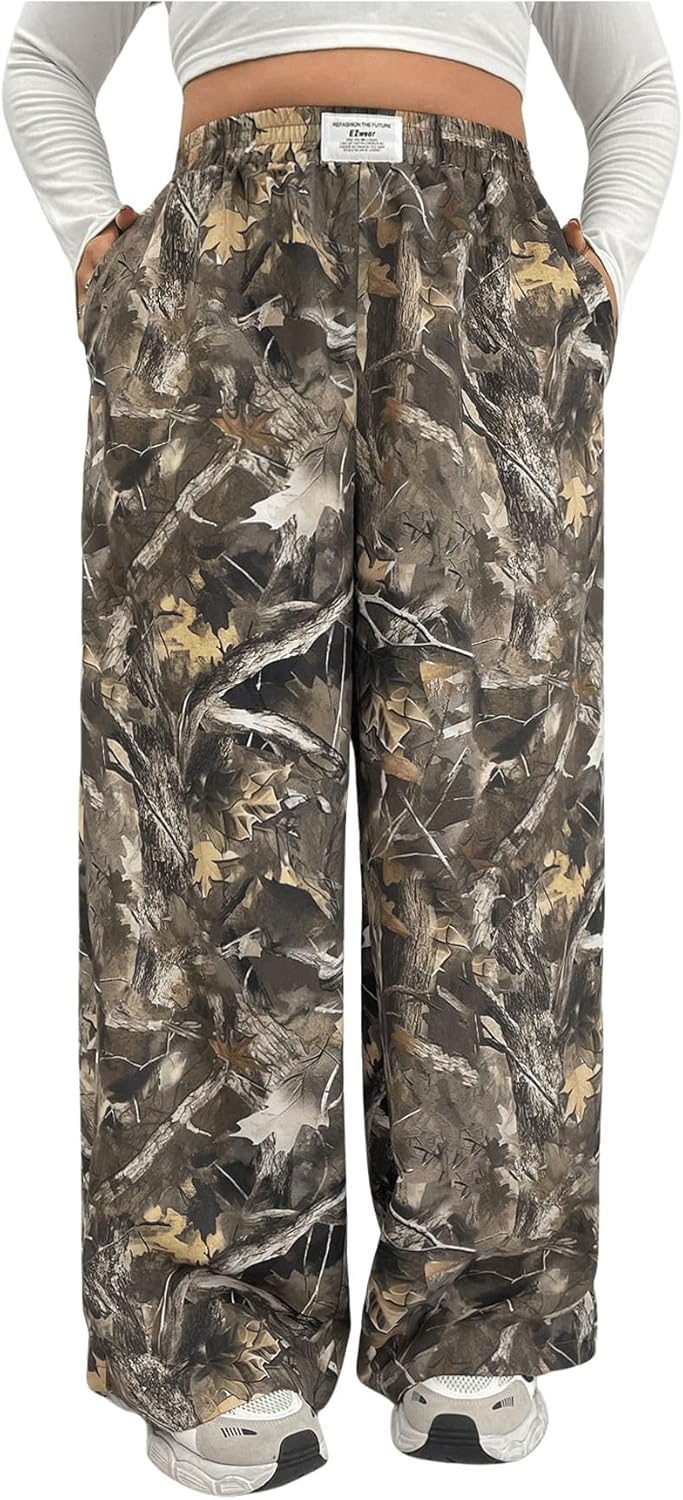 Women's Letter Leopard Print Straight Leg Pants Elastic Waist Y2K Trousers Bottoms with Pockets