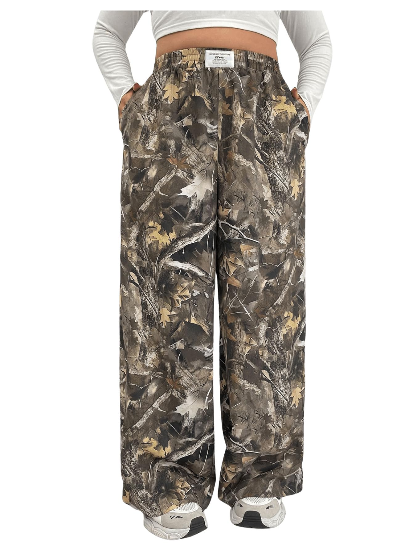 WDIRARA Women's Plus Size Camo Pants Elastic Waist Wide Leg Camouflage Loose Casual Trousers