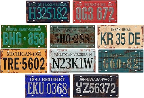 - Paquete de 10 placas de automóvil de Estados Unidos de los años 4050 - Réplica de placas americanas reales con efecto envejecido (OLD4)