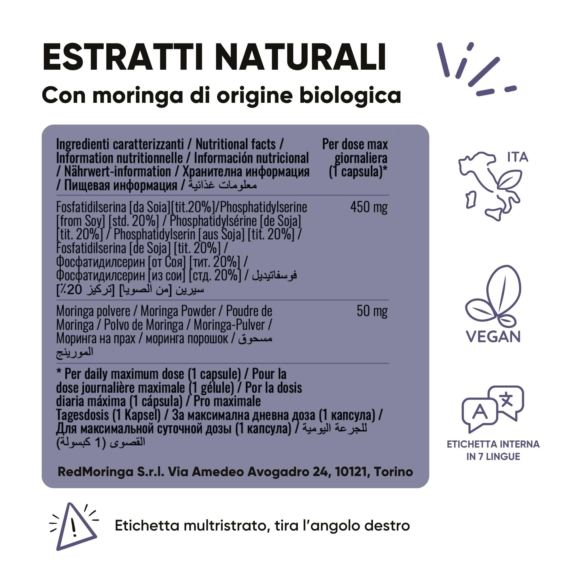 LOW CORTISOLO DONNA – Fosfatidilserina 450 mg + Moringa Bio + Drenante Liquido 11 Erbe con Tarassaco, Betulla, Ananas – Stress, Depurazione Fegato e Ritenzione – Made in Italy – RedMoringa