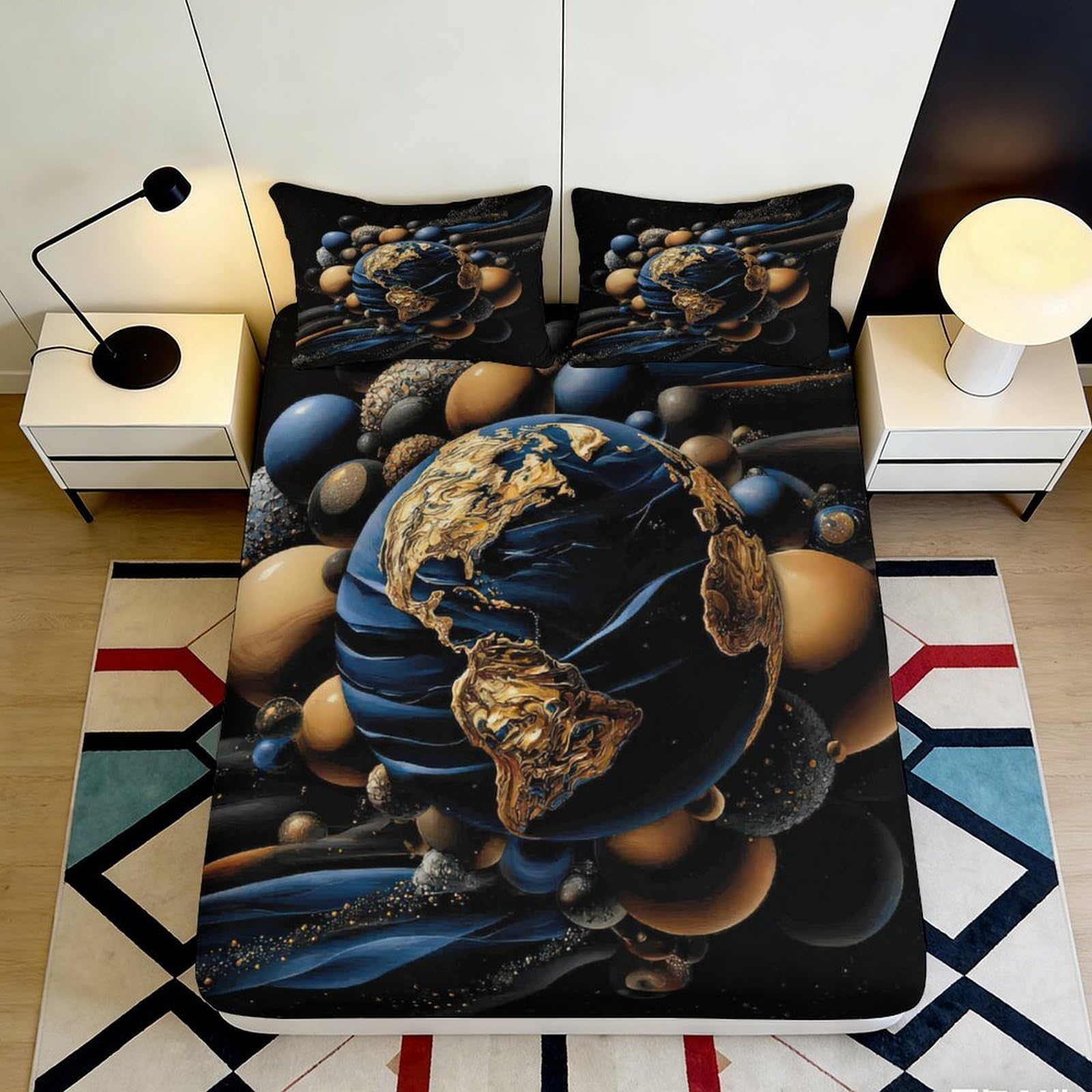 3D Printed Earth Planet Fitted Sheet Microfiber Soft Abstract Cosmos Mattress Cover for Bedroom Dorm Easy Care 160x200x25cm
