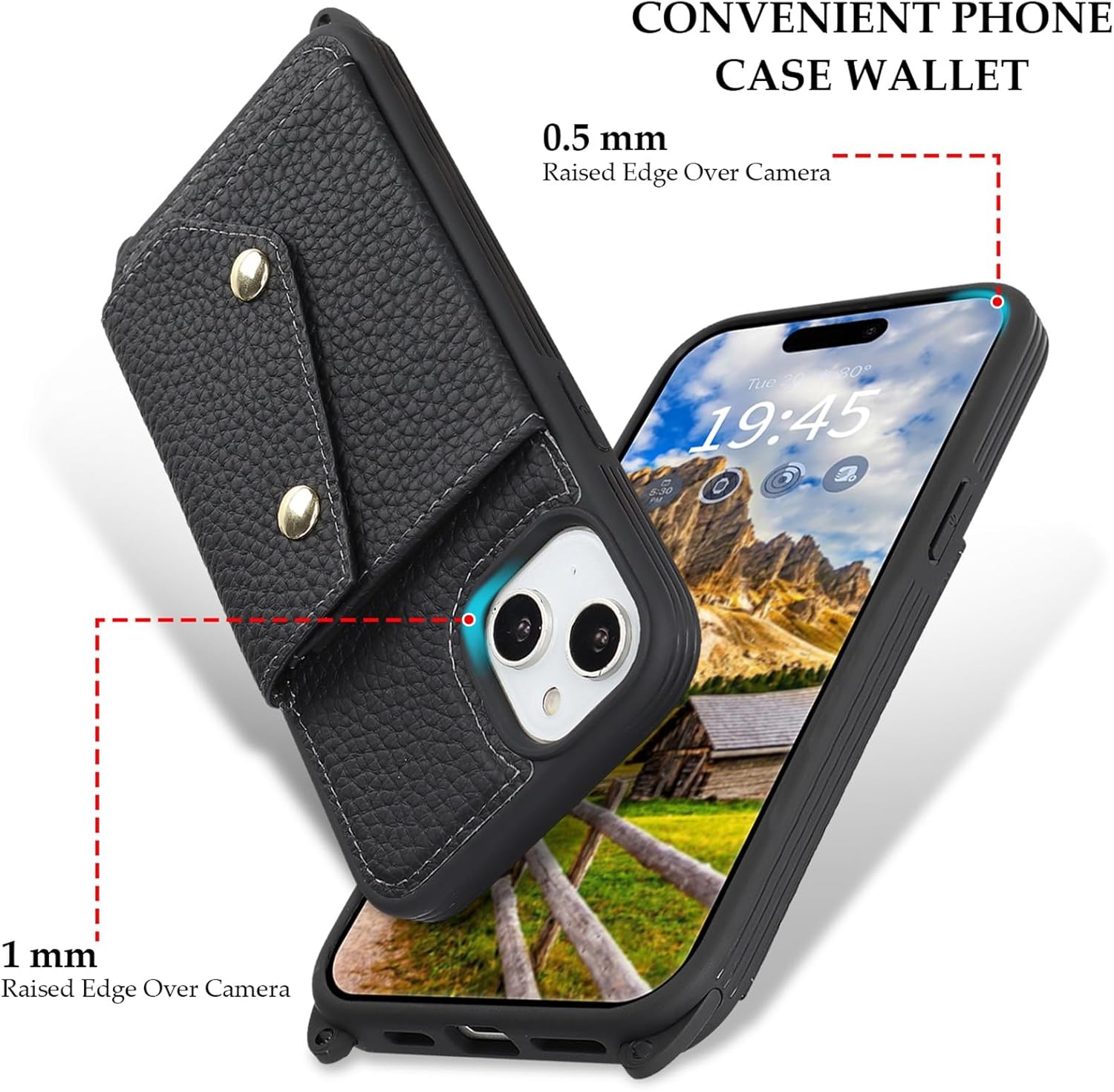 Jaorty Genuine Leather Wallet Case for iPhone 14/13, Necklace Lanyard Case Cover with Card Holder & Cash Pocket for Women Girls,Magnetic Snap,Anti-Lost Shoulber Strap 6.1 inch,Black