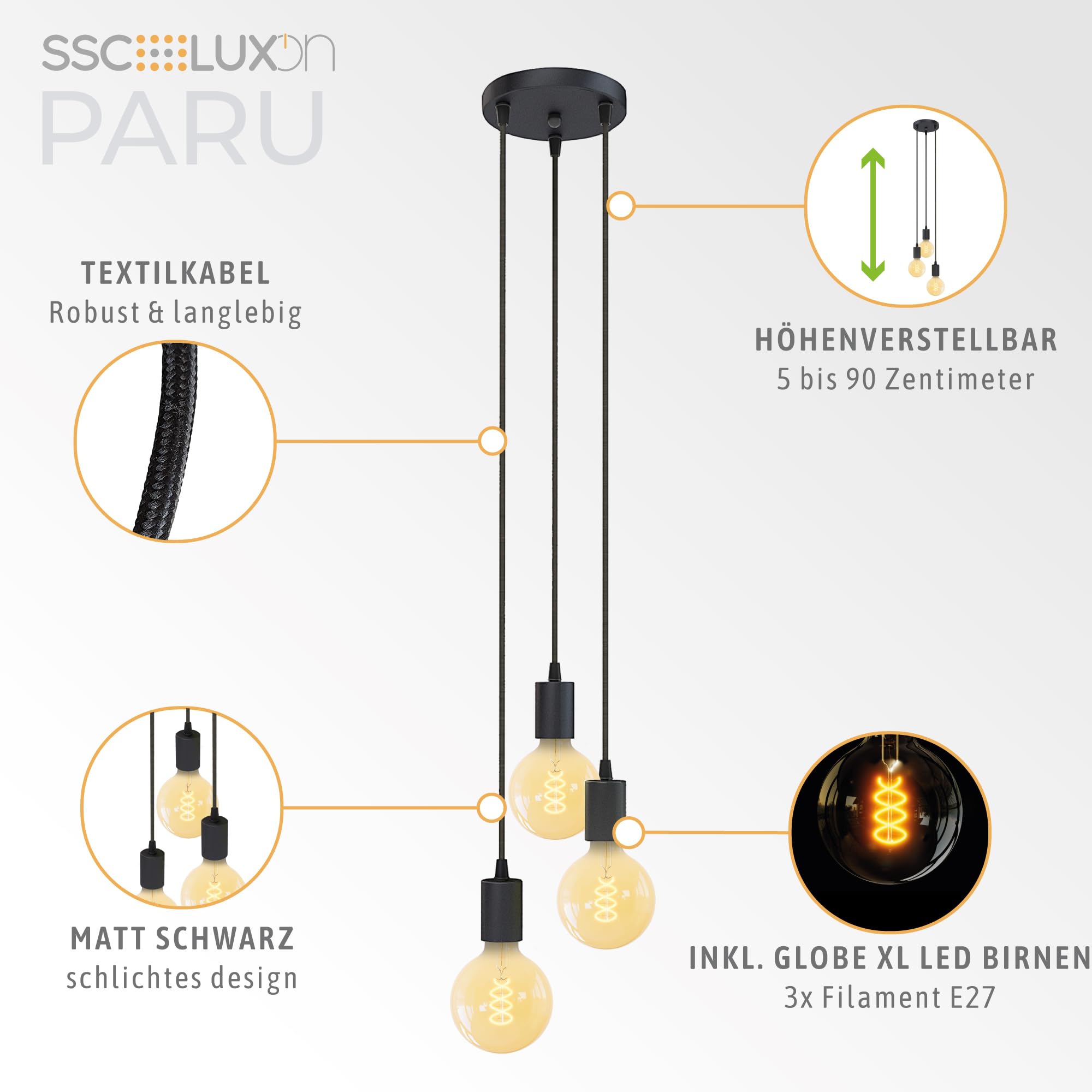 SSC-LUXon PARU Hängeleuchte 3-flammig Retro - Industrial Style Pendellampe mit Textilkabel inkl. Globe XL E27 Filament LED Lampen