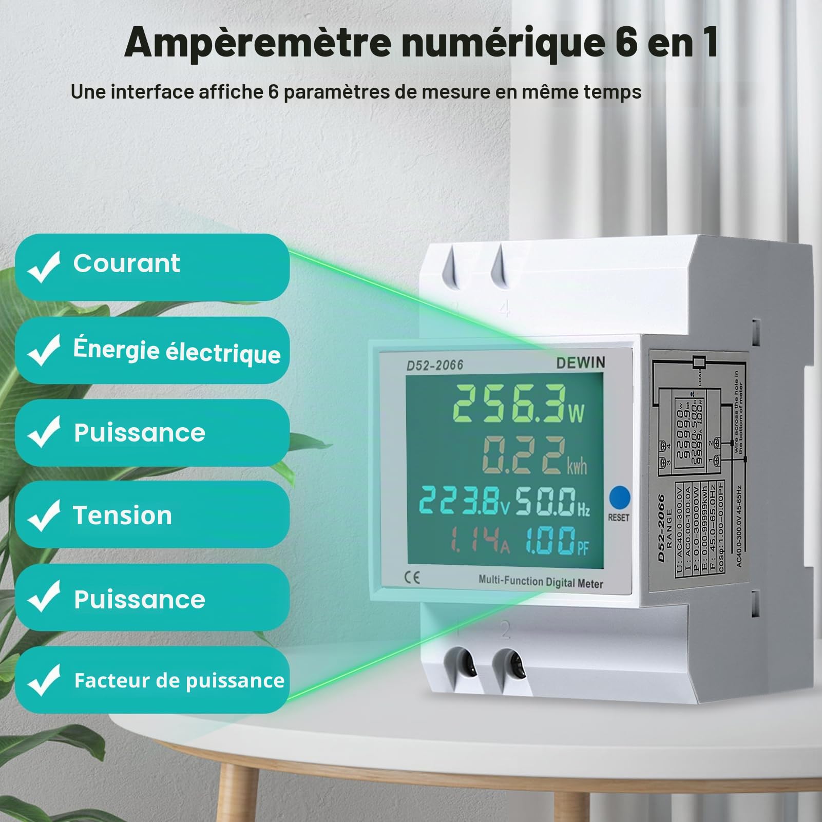 DeWin Compteur d'électricité Numérique, Compteur d'énergie Monophasé Courant Tension Puissance KWH Compteur 6 en 1 Compteur d'énergie avec écran LCD AC 40-300V 0-100A