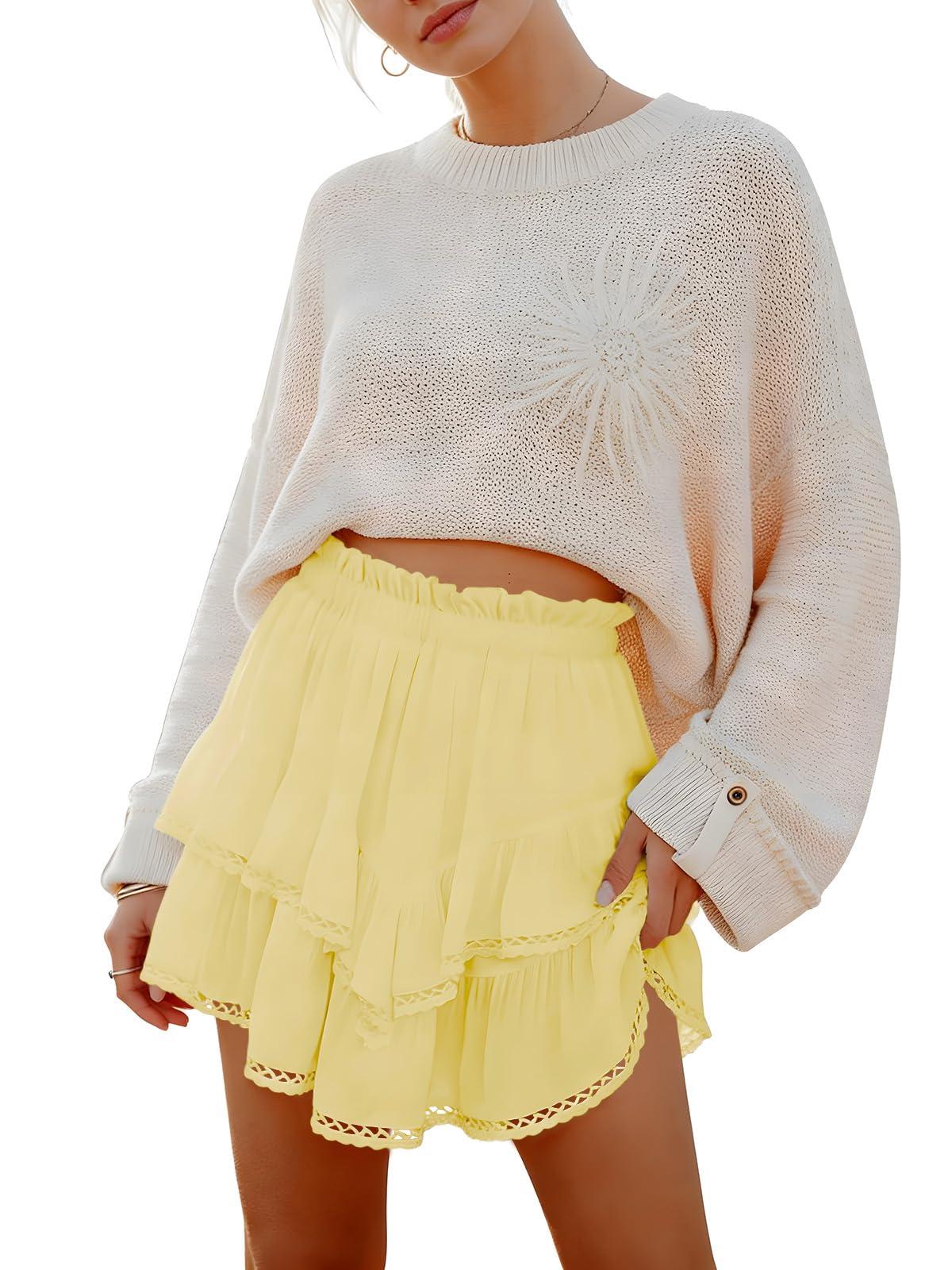 Aoudery Flowy Shorts for Women High Waist Mini Skorts Casual Boho Ruffle Tiered Skirts Golf Tennis Shorts - Yellow XXL