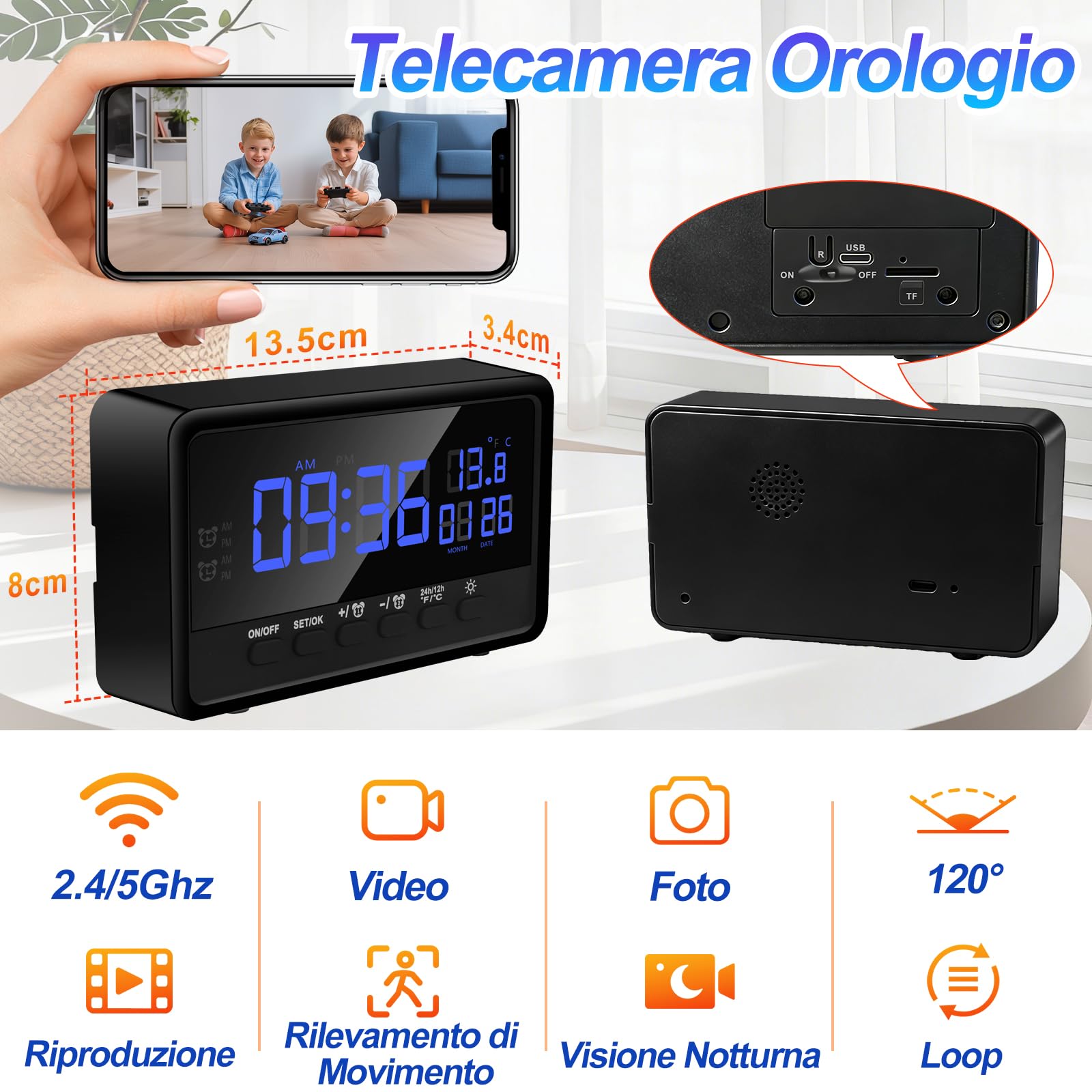 Mini Telecamera Spia Nascosta WiFi, 1080P, Visione Notturna | Dual-band 2.4/5 GHz, grandangolo 120°, rilevamento movimento, sveglia 2 in 1, luminosità, microSD 128 GB, invisibile
