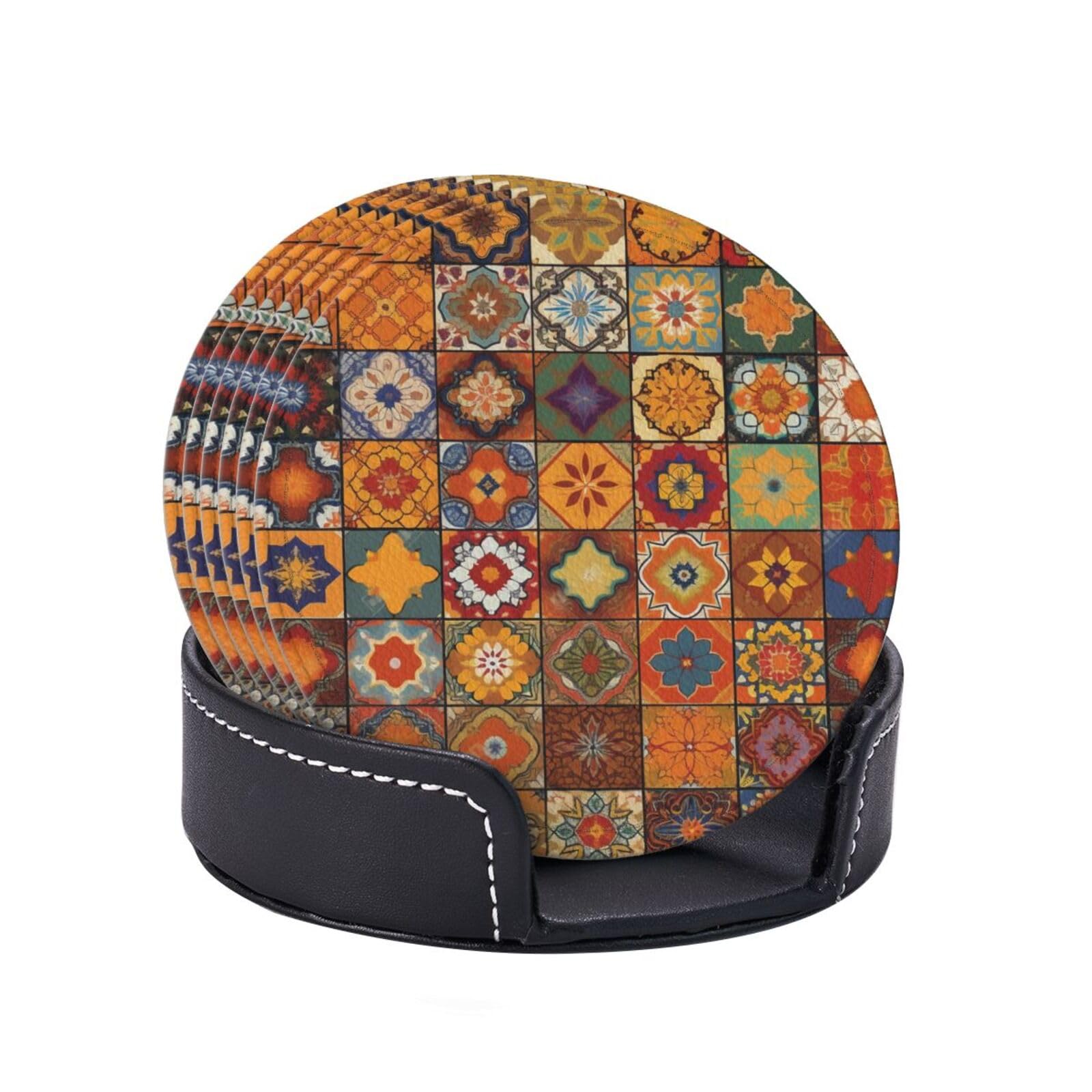 Drink Coasters with Holder Leather Coasters Set of 6 Group of Moroccan Geometric Coasters for Drinks, Absorbent Beverage Cup Mat Housewarming Gifts Modern Style Coasters for Coffee Table