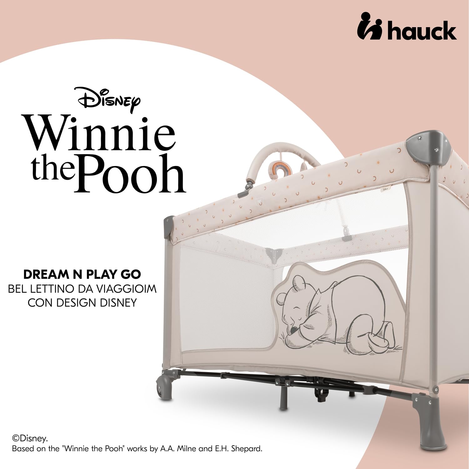 hauck Lettino Neonato da Viaggio Dream N Play Go - Letto Bambini Pieghevole, Culla per Neonati con Ruote e Arco Giochi - Winnie The Pooh Beige